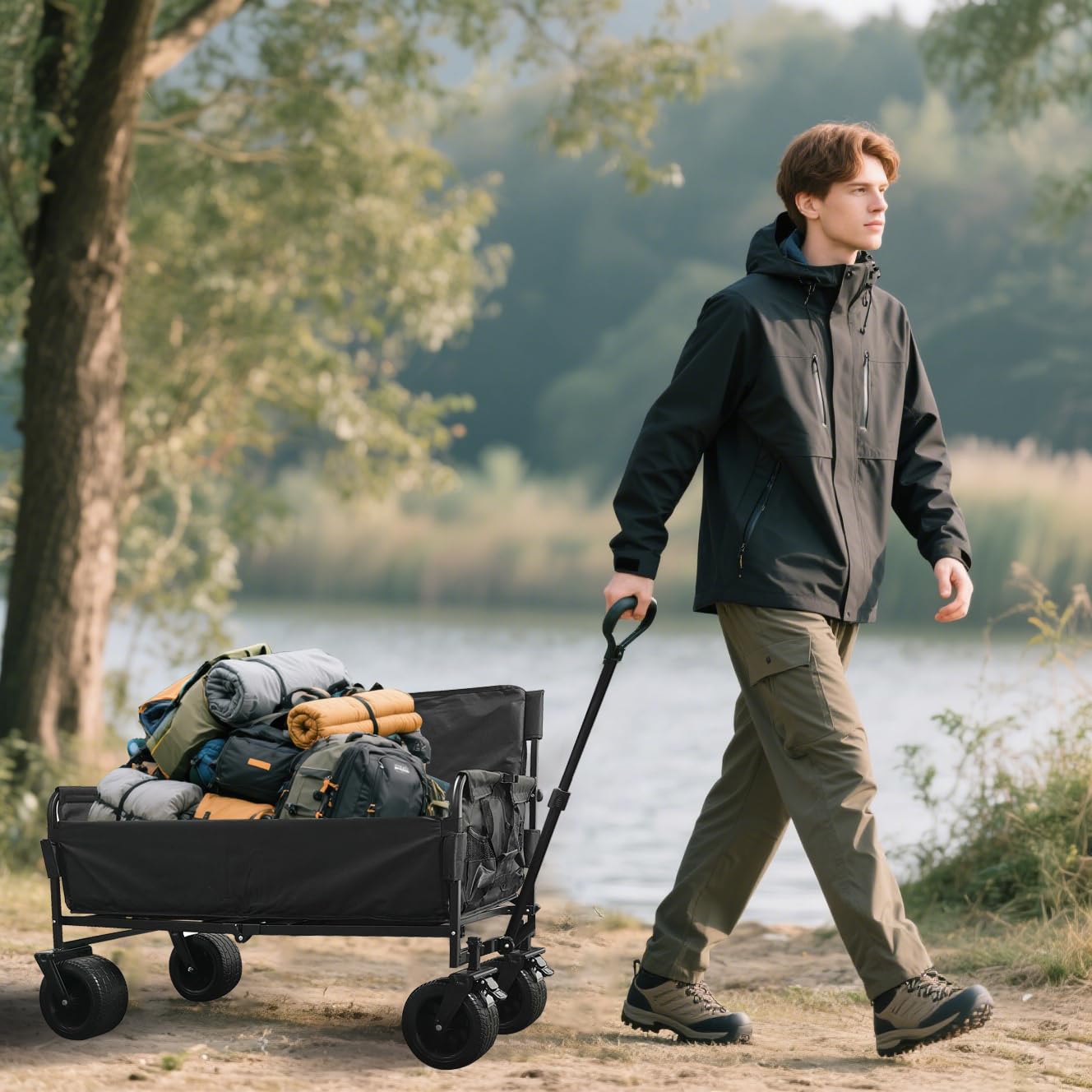 Nine point nine Bollerwagen Faltbar Umbaubar zur Bank, 445LBS Tragkraft Bollerwagen, Handwagen Mit Flexiblem Griff, Strandwagen Mit Rädern (008 Black)