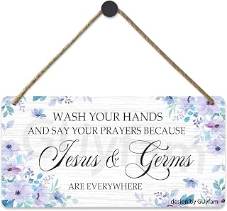 Wash Your Hands & say Your Prayers, Because Jesus and Germs are Everywhere, Hanging Printed Wall Plaque Wood Signs, Home Bathroom Décor, Rustic Farmhouse Bathroom Sign, Christian Sign 10X5 inch