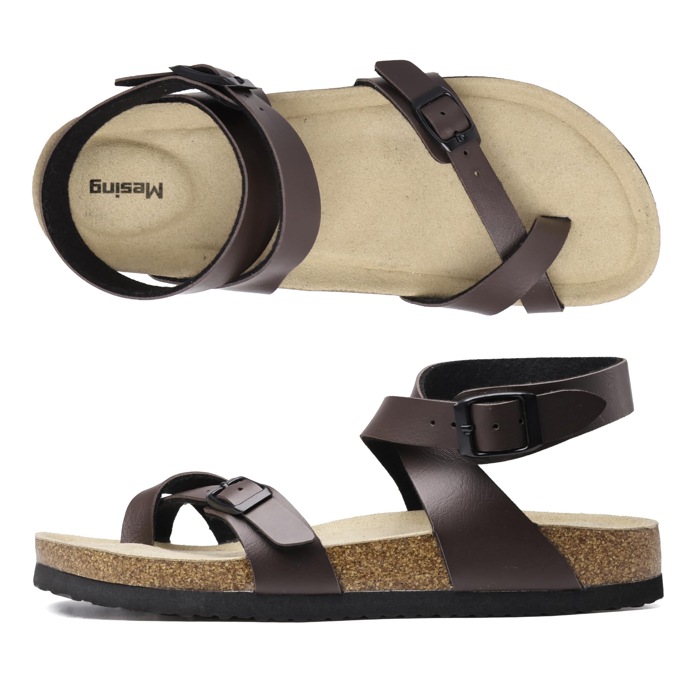Mesing Sandales Tongs Femme Été Plates en Liège Mules avec Boucle Bride de Cheville Nu-pieds Confortable Cuir Suédé Pantoufles