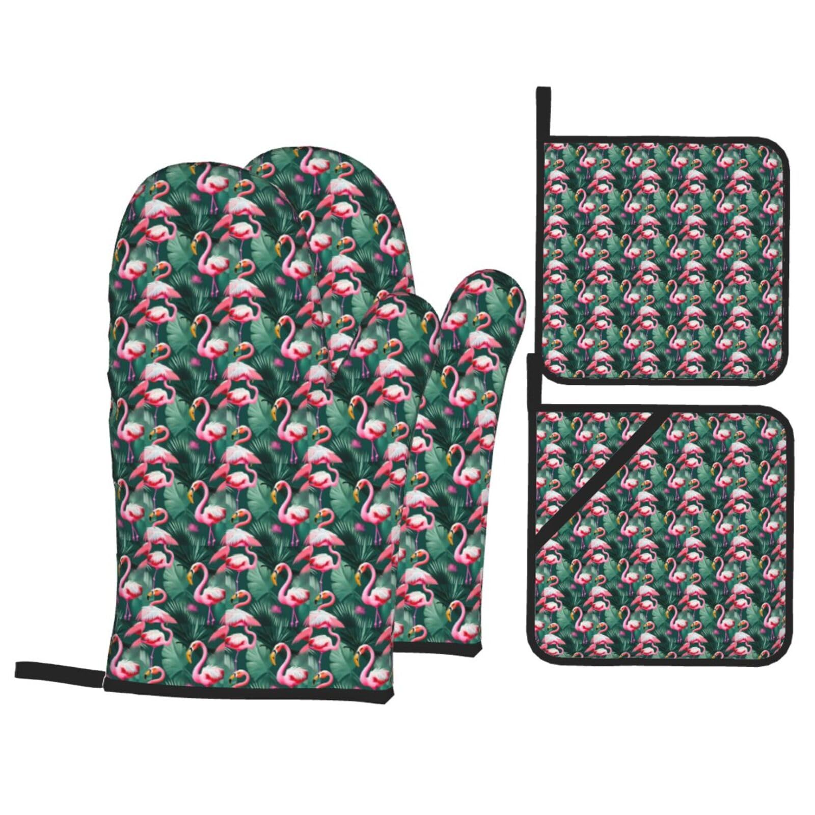 Palm Leaf and Flamingos Couple Print 4-Piece Oven Microwaving Set Kitchen Gloves for Holiday Cooking Baking Grilling