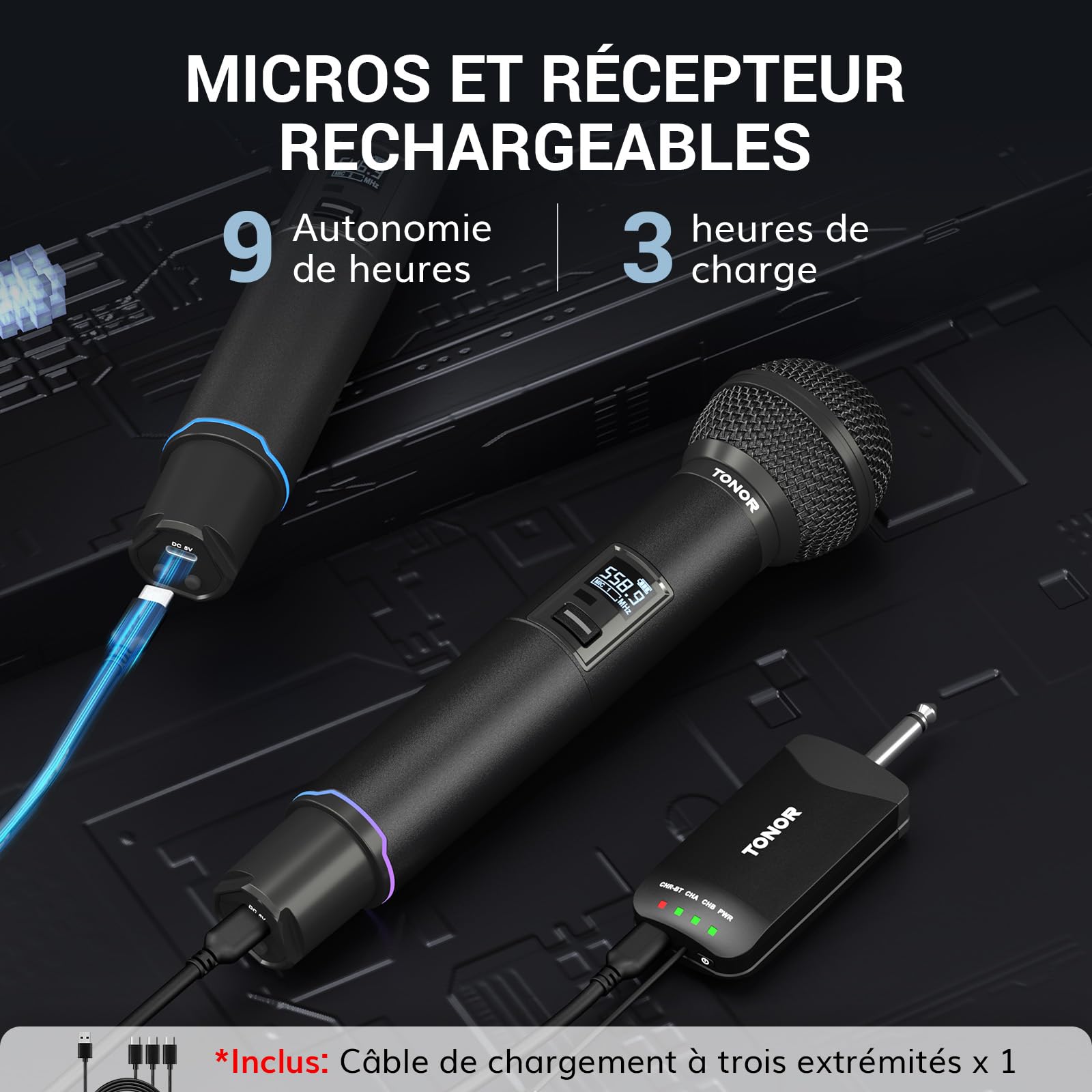 TONOR Micro sans Fil Professionnel, Système de Microphone Rechargeable Bluetooth, Micro Dynamique en Métal UHF 2x25 pour Karaoké, Eglise, Chant, Mariage, Réunion, Appairage Automatique, 100 M, TW720