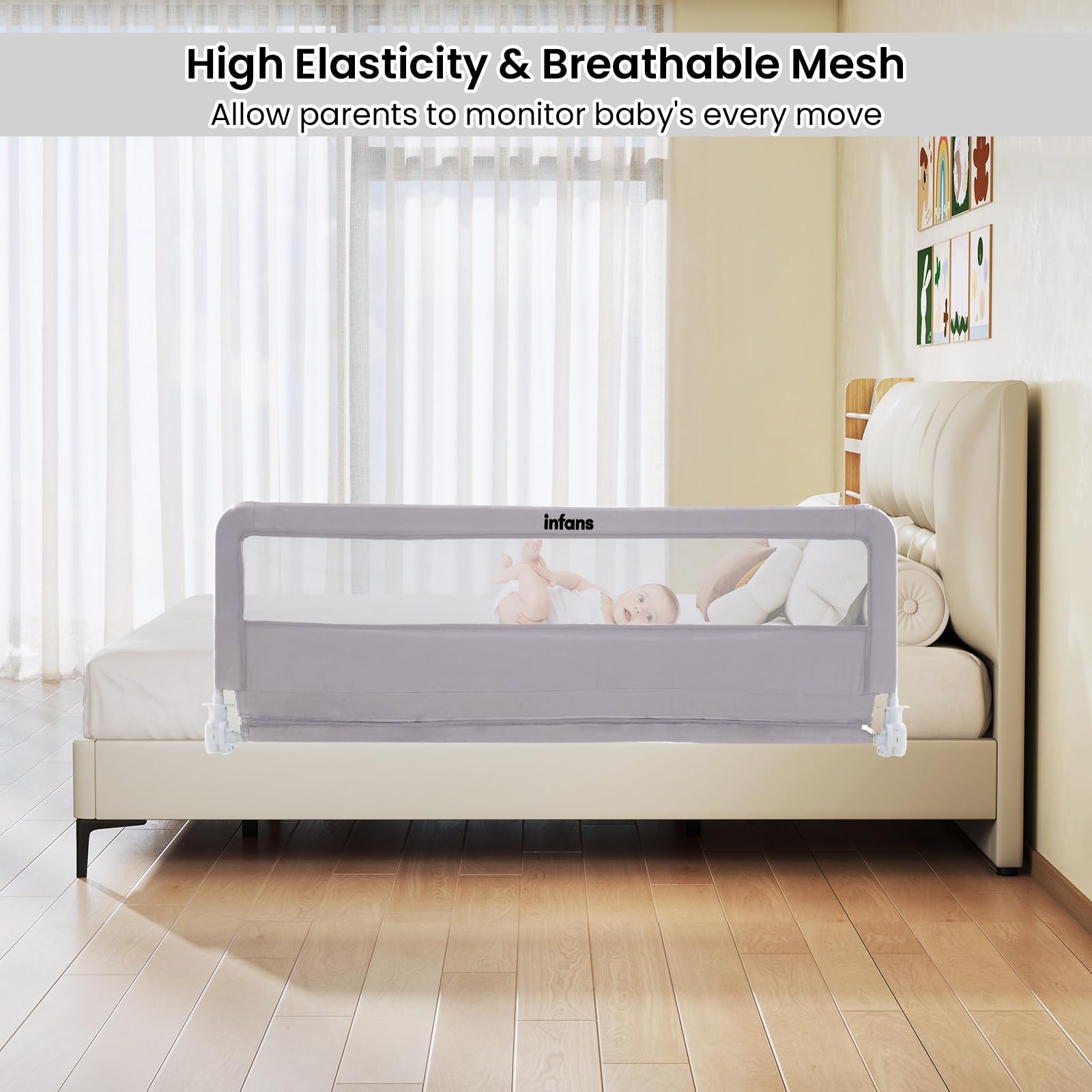 INFANS Bettgitter für Kleinkinder, 150 cm, faltbares Sicherheitsgitter für Babybett, extra lang, schwenkbar, Bettschutzgitter für Cabrio, Queen-Size-Bett, Matratzenschutz, Hellgrau