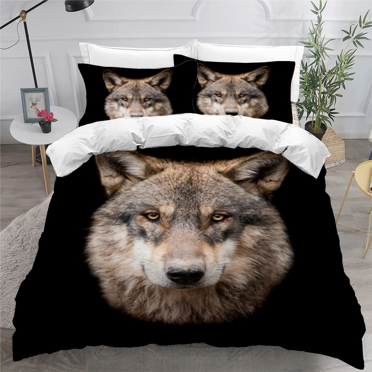 Housse de Couette 200x200 Loup avec 2 taies d'oreiller 50x75 en microfibre