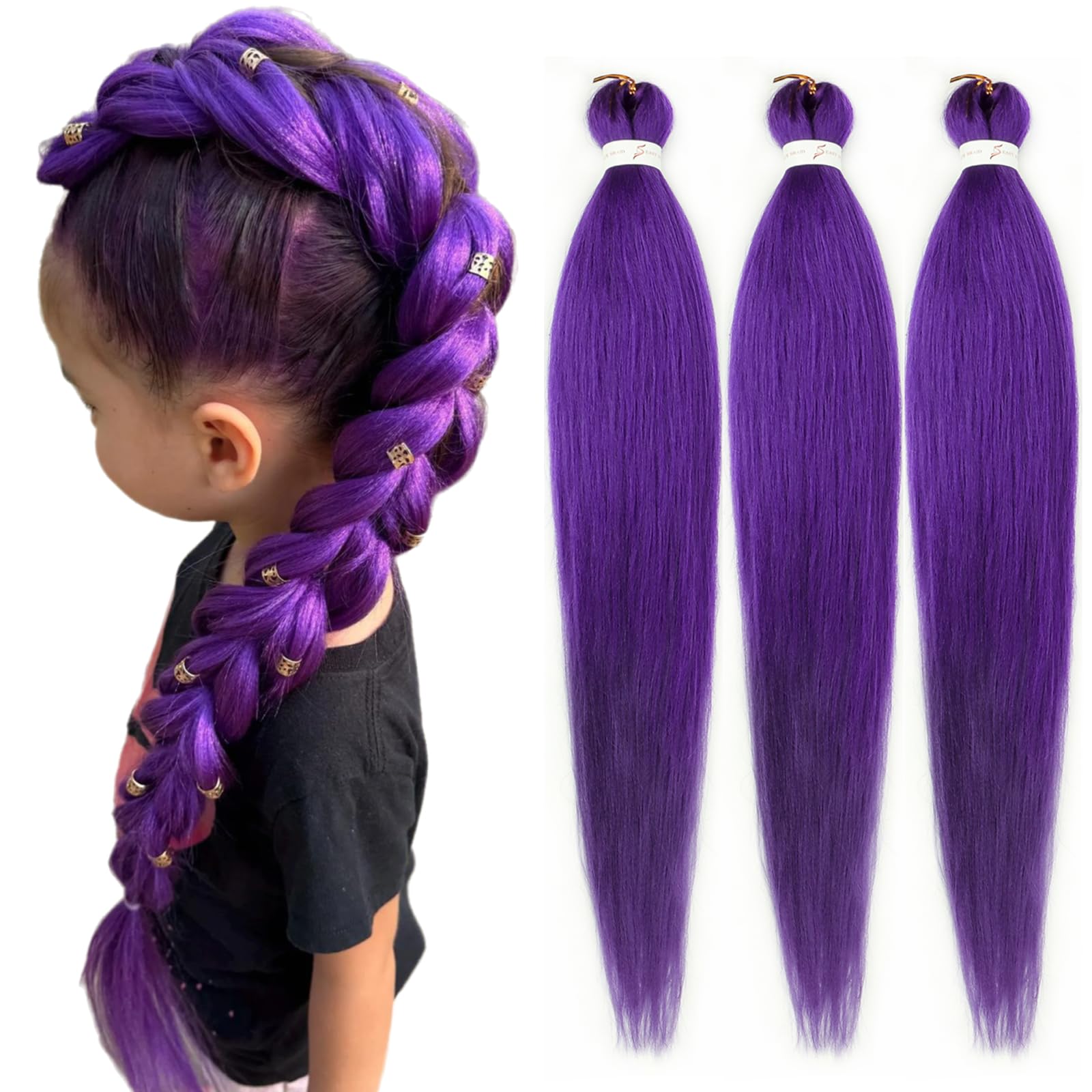 Purple Braiding Hair Pre stretched 16 Inch 3 Packs Pre-stretched Braiding Hair EZ Braid Yaki Texture Synthetic Hair Extensions for Crochet Box Braids