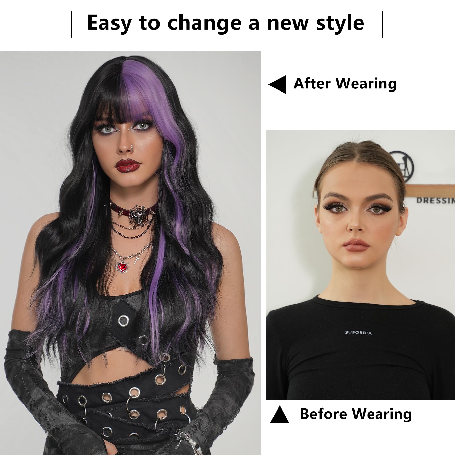 7JHH Heat-Resistant Synthetic Wavy Highlight Wig with Bangs