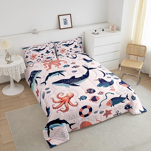 Miniatura 3 de Juego de edredón de animales costeros para niños y niñas, juego de ropa de cama de ballena de dibujos animados, relleno de edredón de delfín de