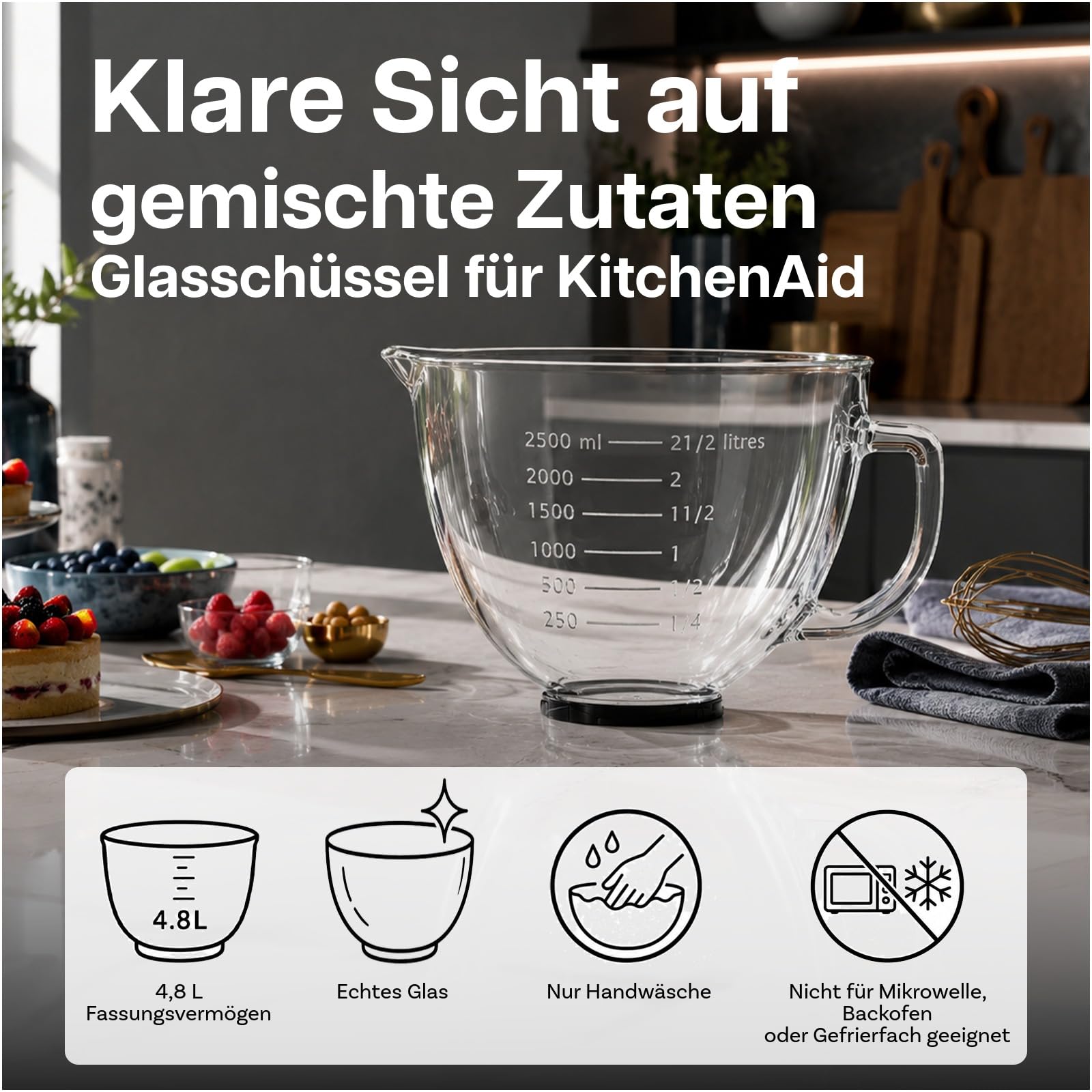 MMOBIEL Rührschüssel aus Glas für KitchenAid 4.3, 4.7/4.8L Artisan & Classic Serie Küchenmaschinen Zubehör 4.8L Glasschüssel mit Griff, Ausguss & Messmarkierungen – Nur Handwäsche