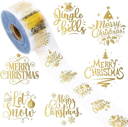 Whaline 1000 calcomanías transparentes de Navidad en rollo de papel dorado de Feliz Navidad, Navidad, invierno, vacaciones, etiquetas adhesivas