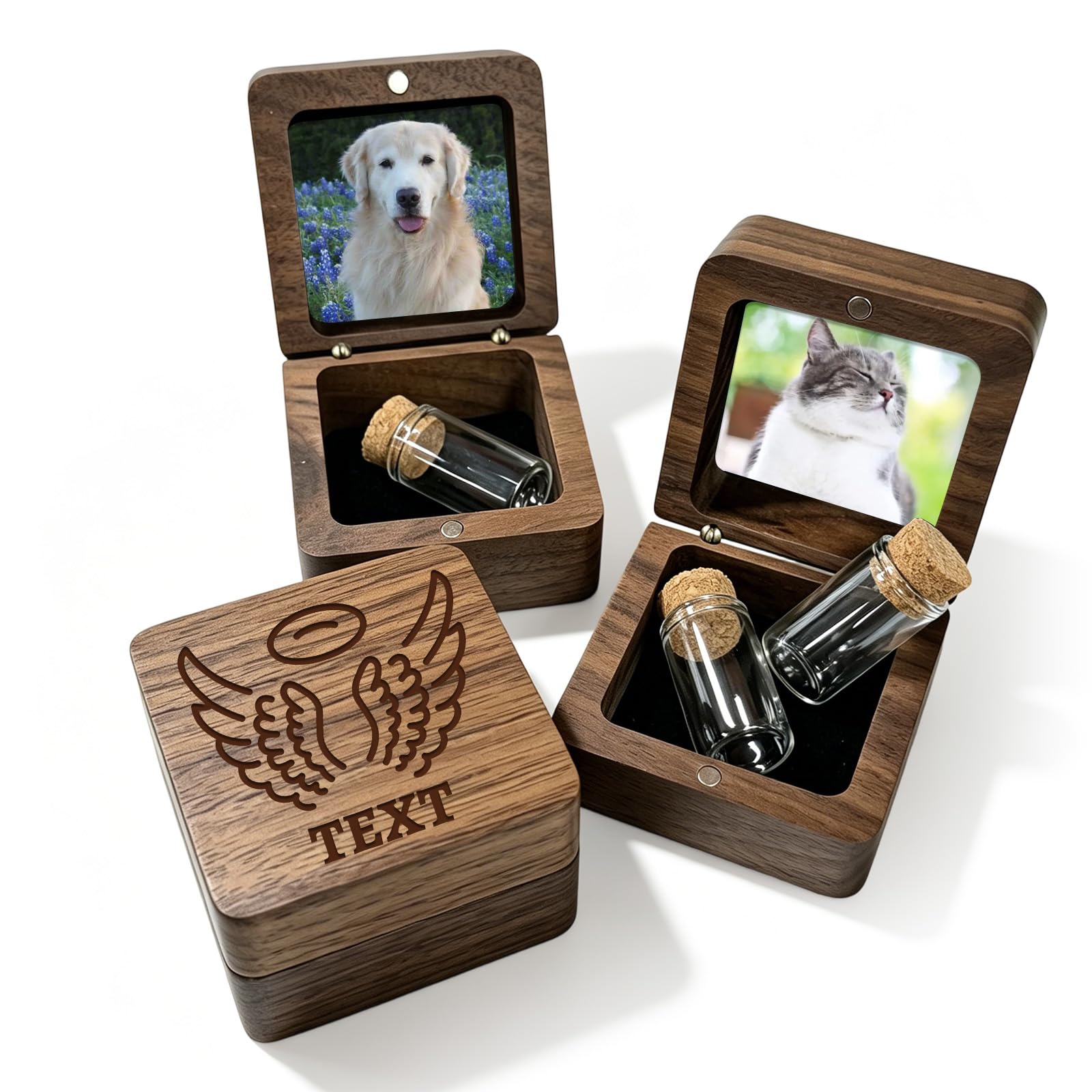 Wbw Brown Personalized Pet Urn For Ashes And Fur, Custom Wooden Photo And Text, Small Magnetic Engraved Dog Urn Cat Urn Memorial Keepsake Box For Beloved Pets