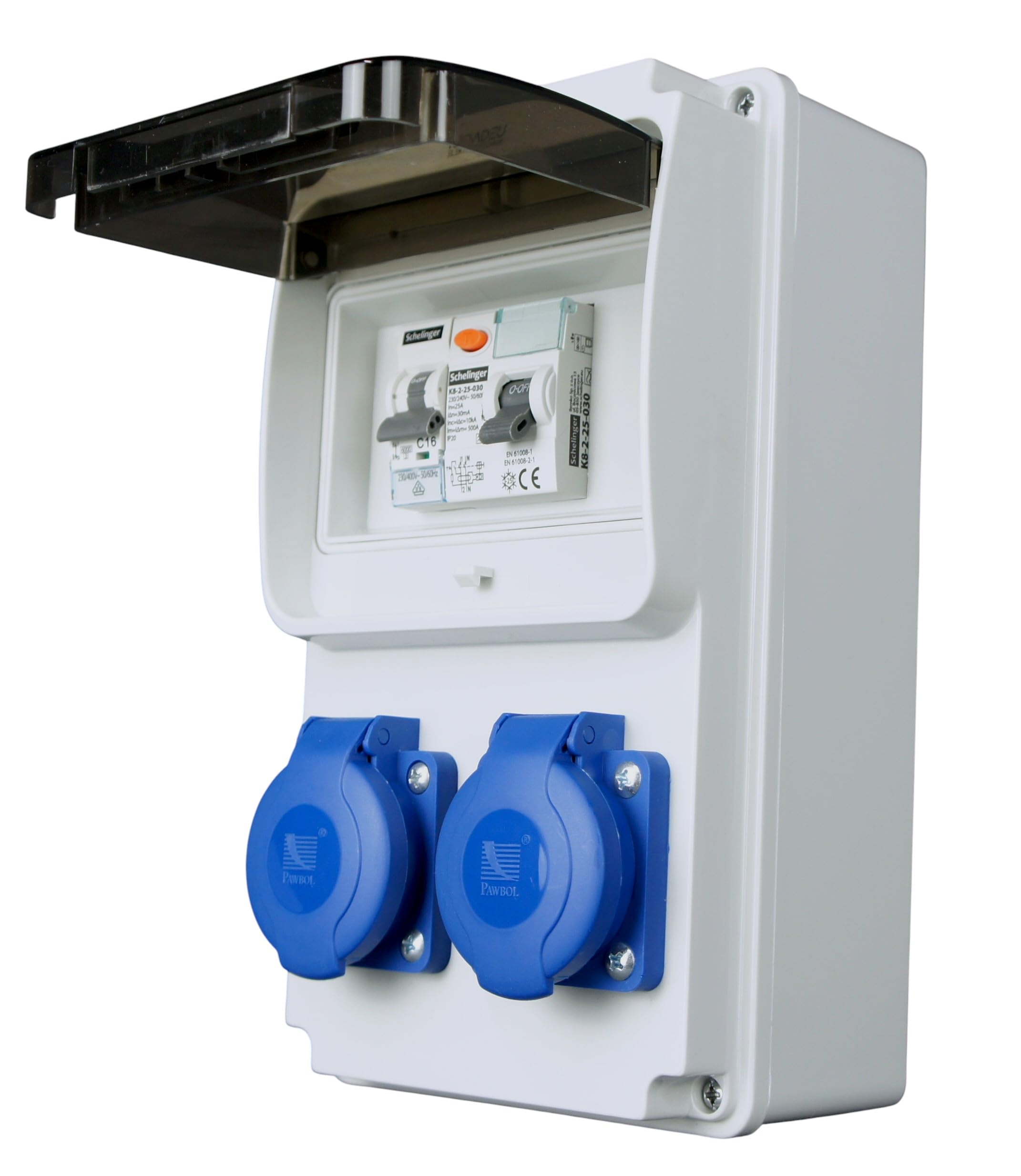 RoadEu - Stromverteiler 230V - 2x Schuko Steckdose - Baustromverteiler mit Fi Schutzschalter und Leistungsschalter C 16A - Verdrahtet, Steckdosenverteiler Indoor/Outdoor-Bereich IP44