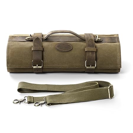HEZHEN Chef Knife Roll Bag 16oz Oil Waxed Canvas, Heavy Duty Portable Backpack Knife Case Storage, 12 Slots & 2 Zipper Pockets, Detachable Adjustable Leather Shoulder Strap Belt Not Included Knives