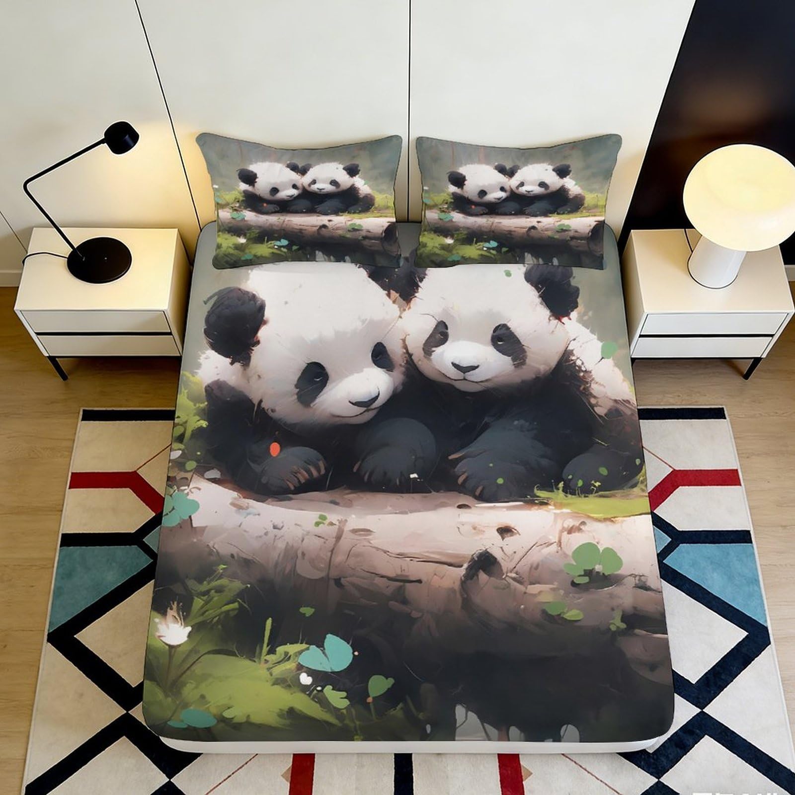 3D Printed Panda Forest Fitted Sheet Microfiber Soft Breathable Bamboo Bed Cover for Bedroom Guestroom Decor 90x200x25cm