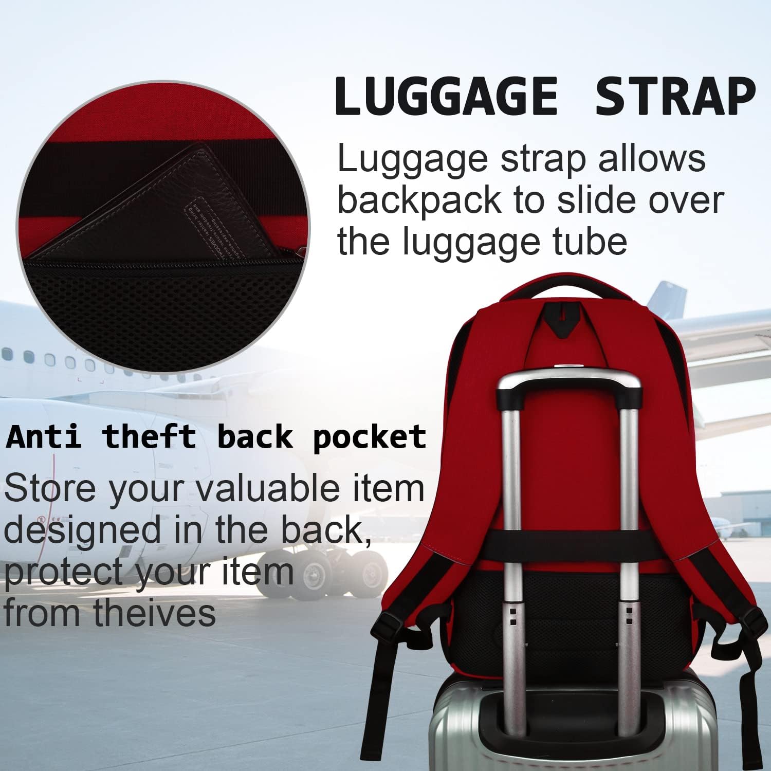 Laptop Backpack,Business Travel Anti Theft Slim Durable Laptops Backpack with USB Charging Port,Water Resistant College Computer Bag for Women & Men Fits 15.6 Inch Laptop and Notebook-Red - Image 6