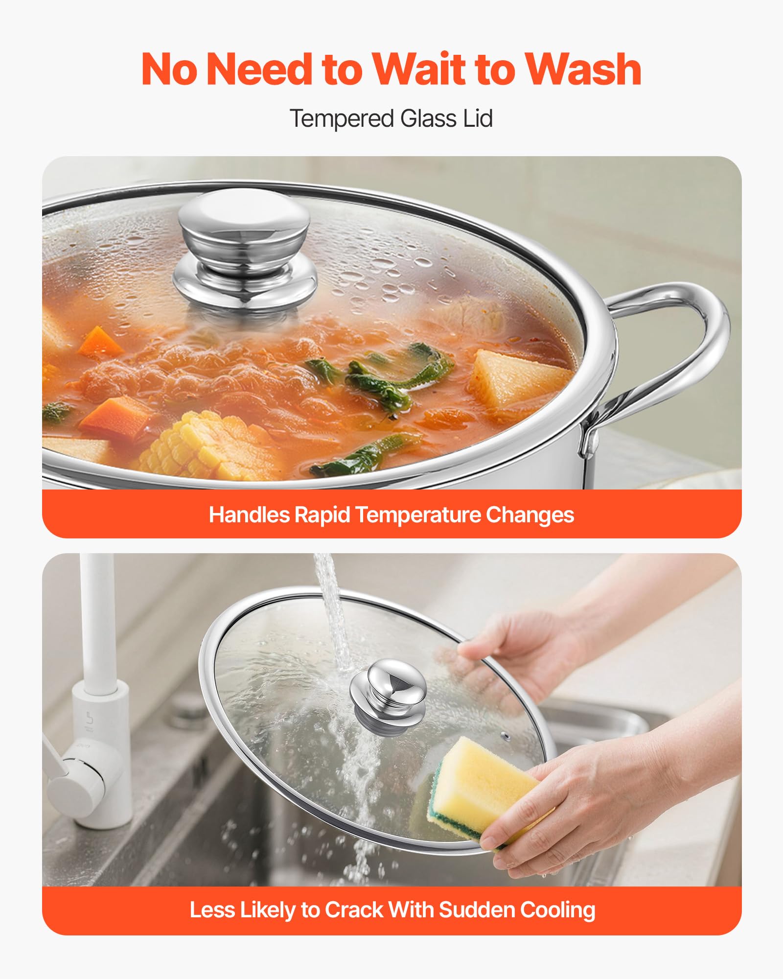 VEVOR Pentola in Acciaio Inox da 15,1 Litri, Casseruola in Acciaio Inox Ø 320x240 mm con Coperchio in Vetro per Cottura da Cucina Brodo, Pasta, Zuppa, Catering Ristorante, Piani Cottura a Gas