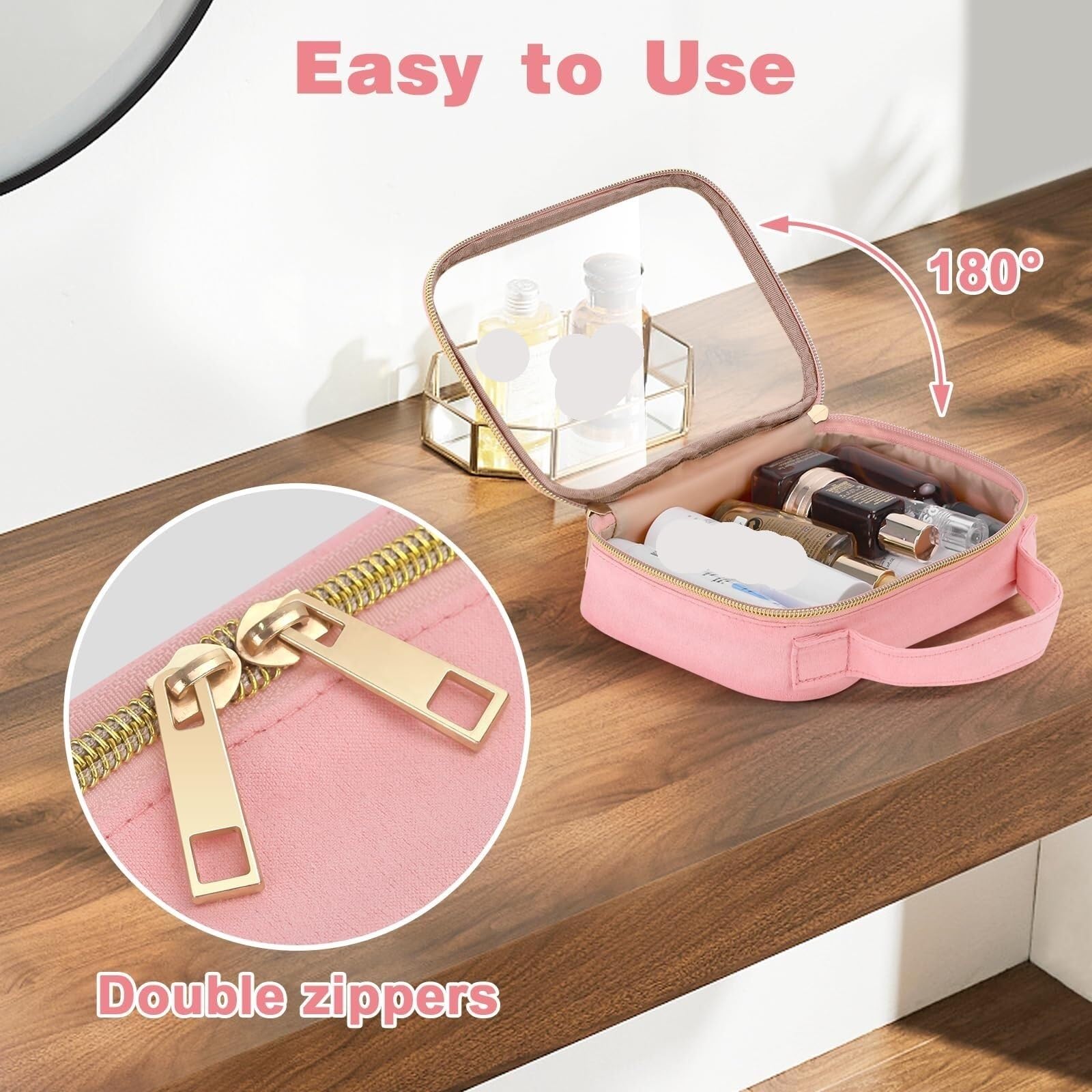 Porta Trucchi Pochette Trucchi Borsa Da Toilette Borsa Cosmetica Trasparente Con Manico Borsa Da Toilette Trasparente Trousse Trucchi Donna(Pink,20cm-2)