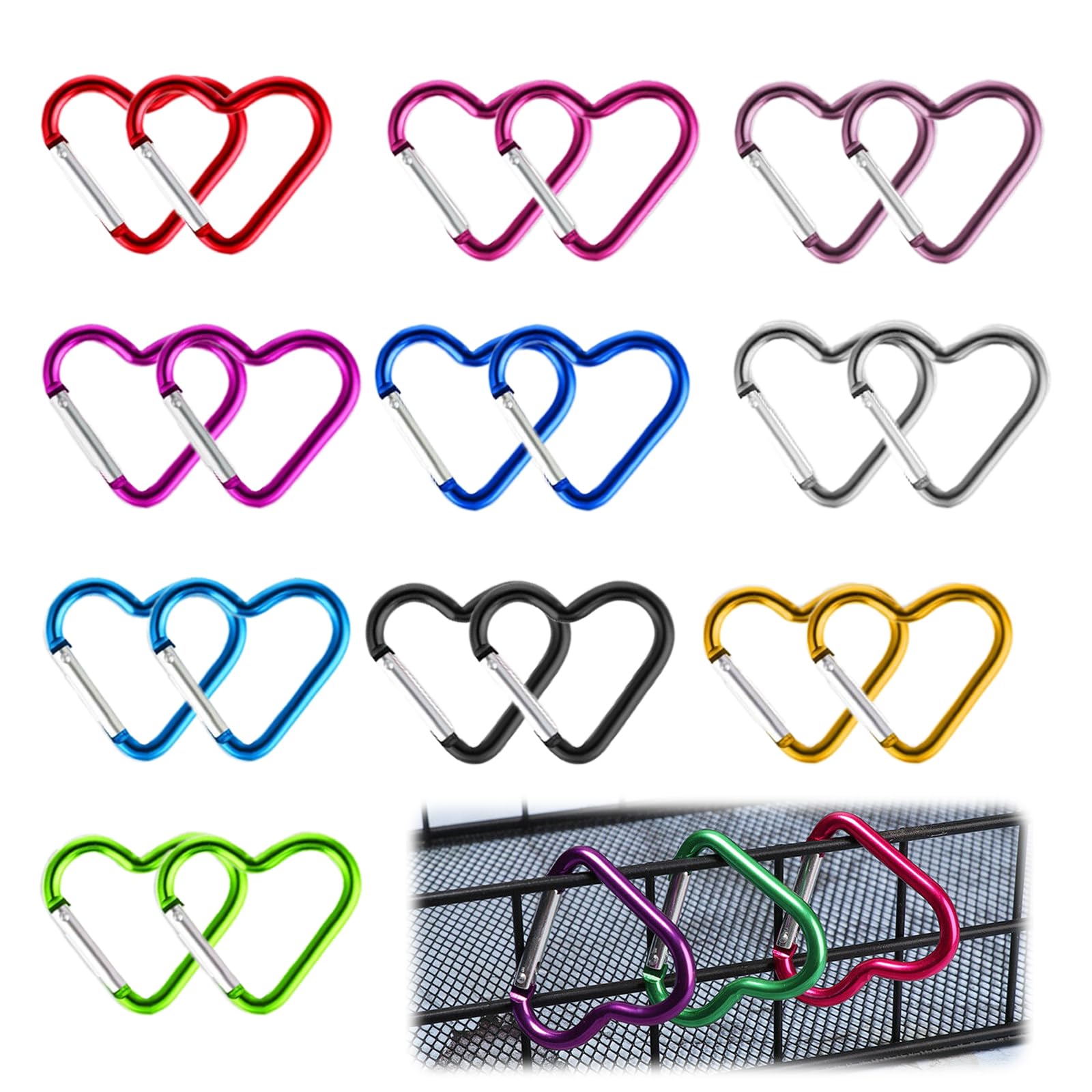 Mosquetón de Corazón,Mosquetón en Forma de Corazón,Mosquetones de Aluminio con Forma de corazón,Hebilla pequeña Multifuncional de 20 Piezas, Duradera, no se oxida fácilmente
