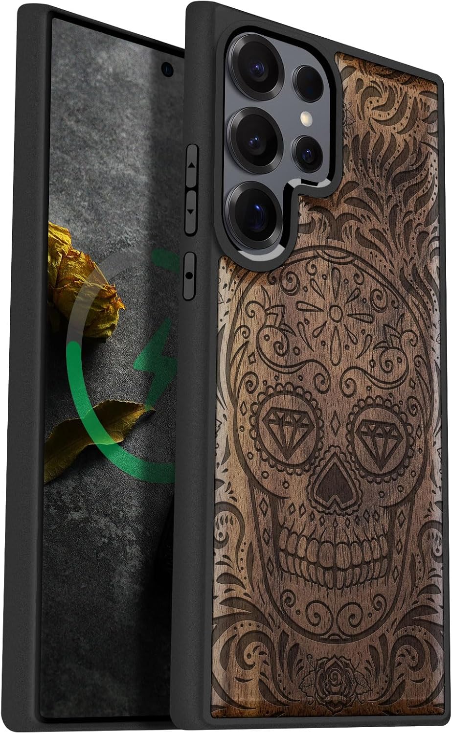 Carveit Magnetic Wooden Case for Samsung Galaxy S25 Ultra Case 2025, TPU Shockproof Cover & Wood Artisan Engraved, Compatible with MagSafe Wireless Chargers (Diamond Sugar Skull) Rosy