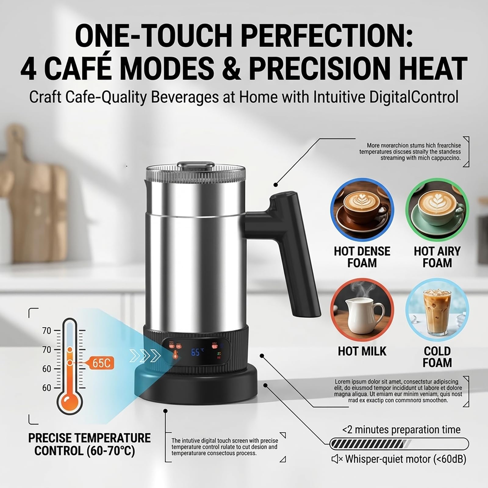 Espumador de Leche Eléctrico, 4 en 1, Hacedor de Espuma Caliente y Fría con Pantalla Táctil y Temperatura Ajustable 60-70°C, Interior Antiadherente de Acero Inoxidable, para Latte, Capuchino Macchiato
