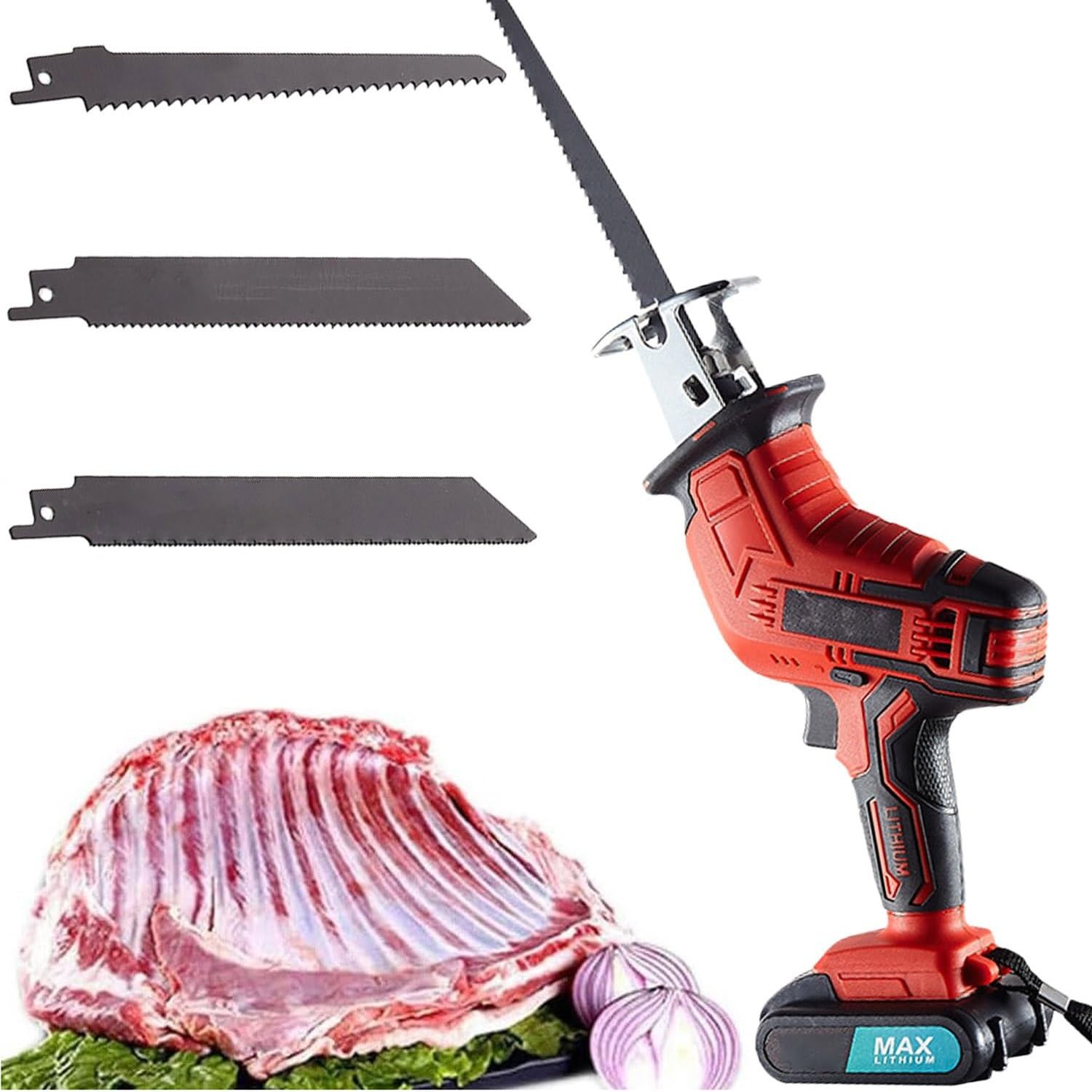 Tagliaossa e carne LED, Seghetto elettrico ricaricabile portatile, 1&2 batterie e 4 lame da seghetto, Kit macchina da taglio macellaio per ossa, carne, legno, metallo e plastica(1 battery)