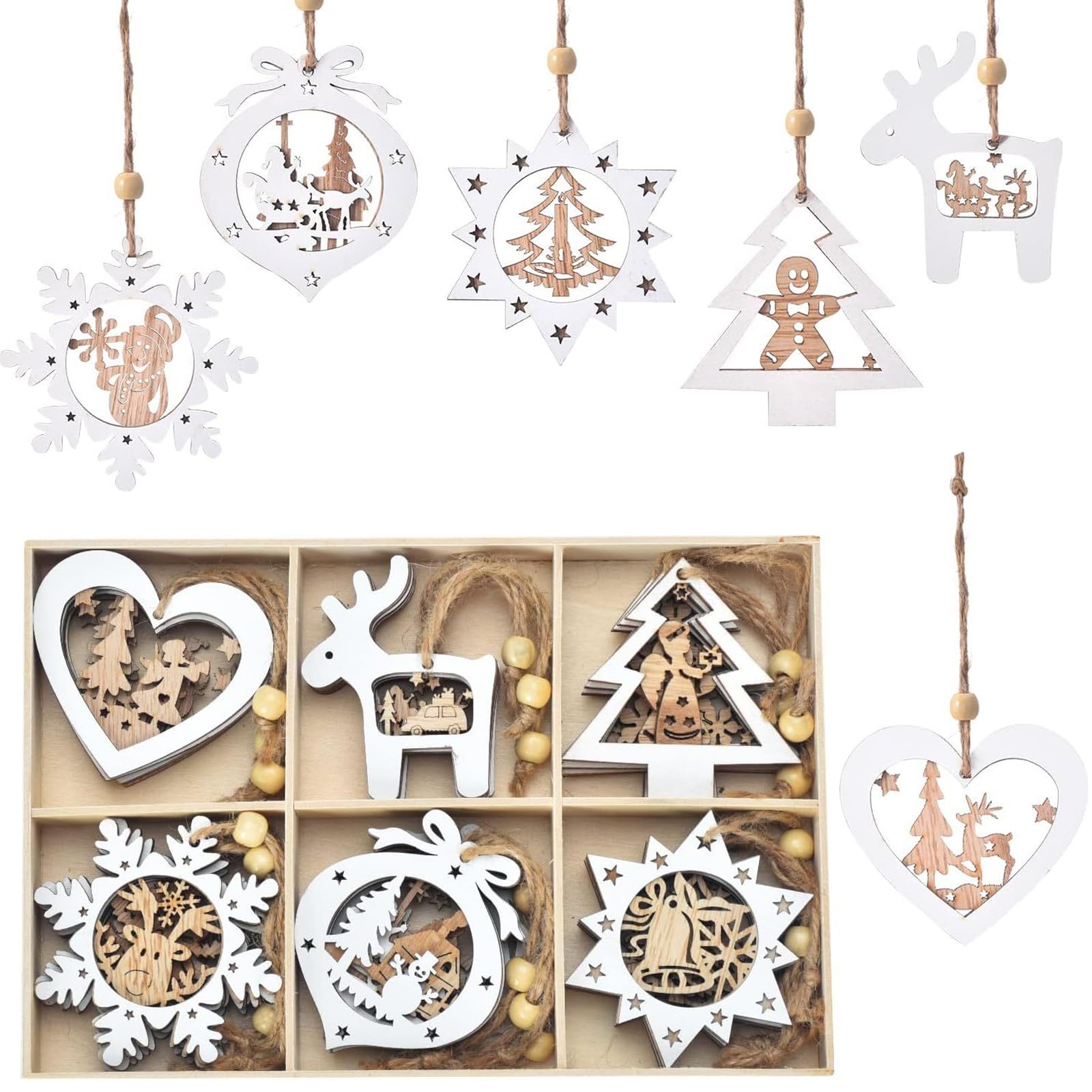 TYXHXTF 24PCS Wooden Christmas Ornaments, Fretwork Wood Carving Ornaments, Elk Pinewood Pendants Christmas Decorations, Christmas Tree Decorations, Party Decoration for Xmas Decor Home Party Supplies - Image 2