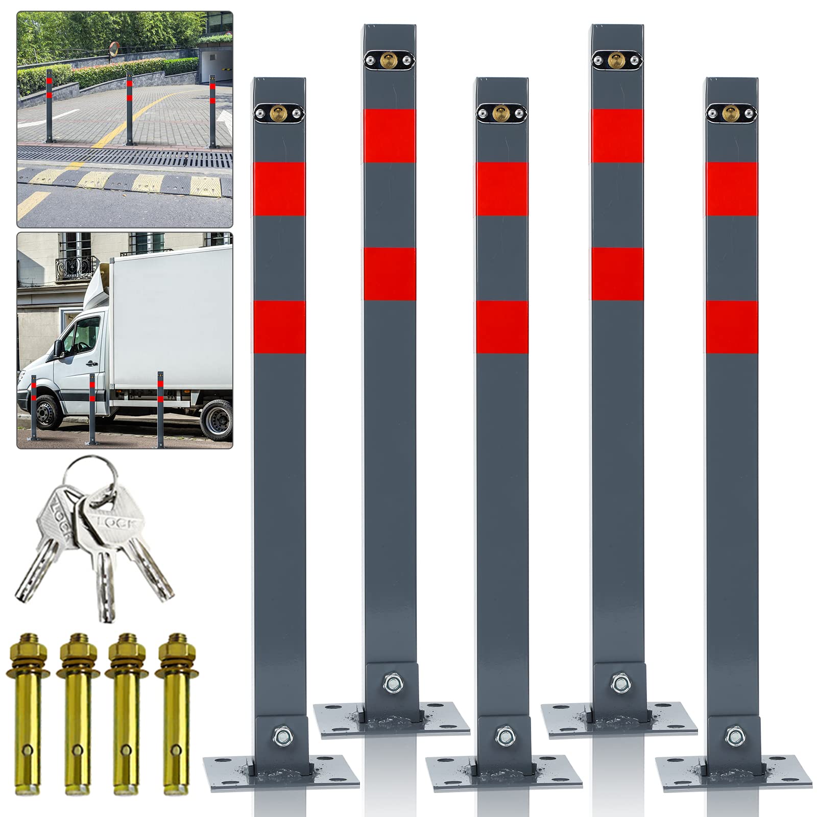 Słupki parkingowe, blokada parkingu, 3 klucze, słupki blokujące, składane, stalowe, wytrzymała podstawa, stabilna podstawa, zestaw słupków parkingowych (5 sztuk)