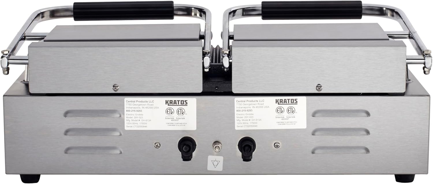 Kratos Commercial Electric Panini Sandwich Grill with Grooved Plates, 18.7" x 9" Cooking Surface, Commercial Countertop Panini Press, 120V, 3500W (29Y-023)