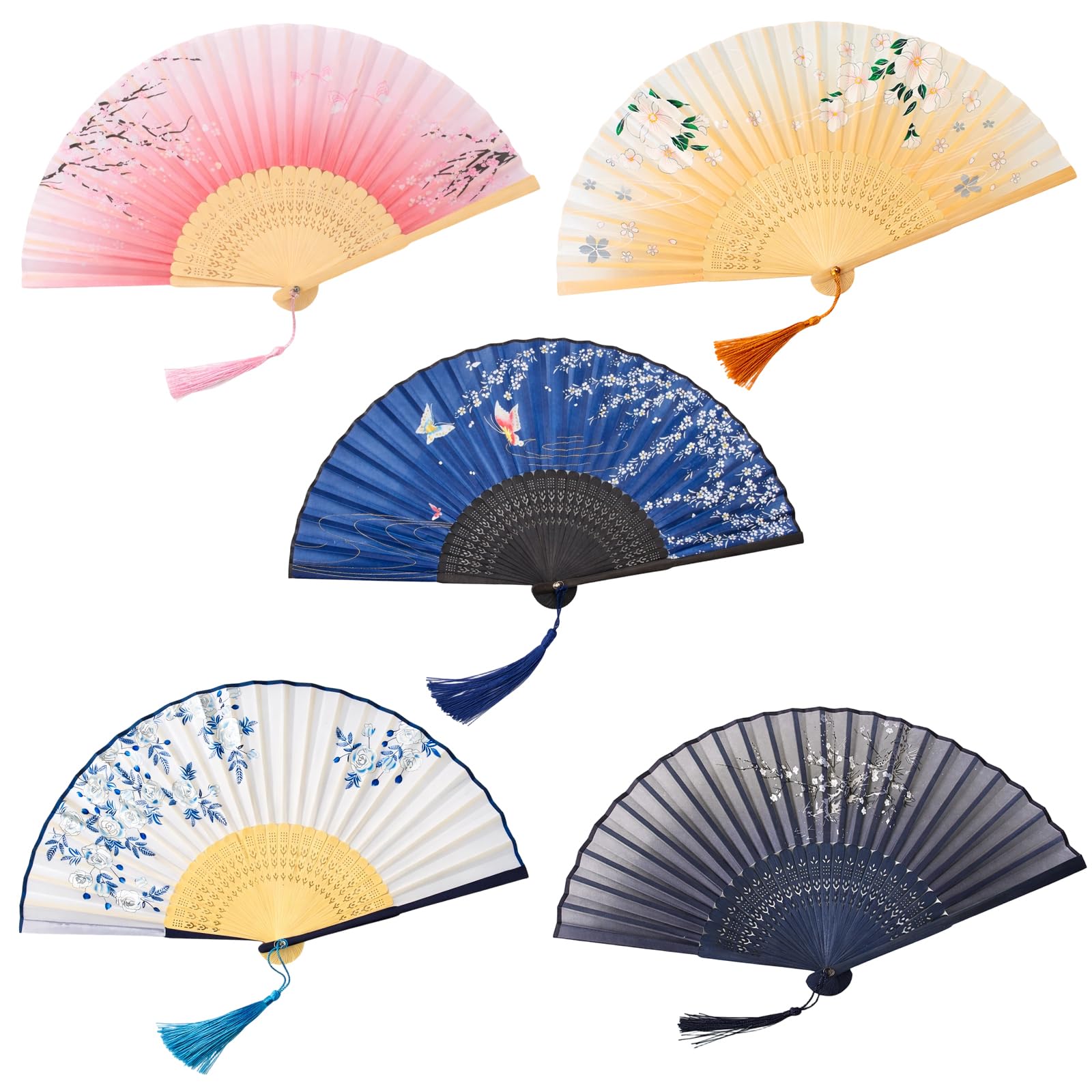 YcsRnn Chinese Fan Folding Hand Fan Wall Decor, Paper Fan Handheld for Wedding Dance Performance, Cultural Events and Home Decoration, 21 x 40 cm Set of Five