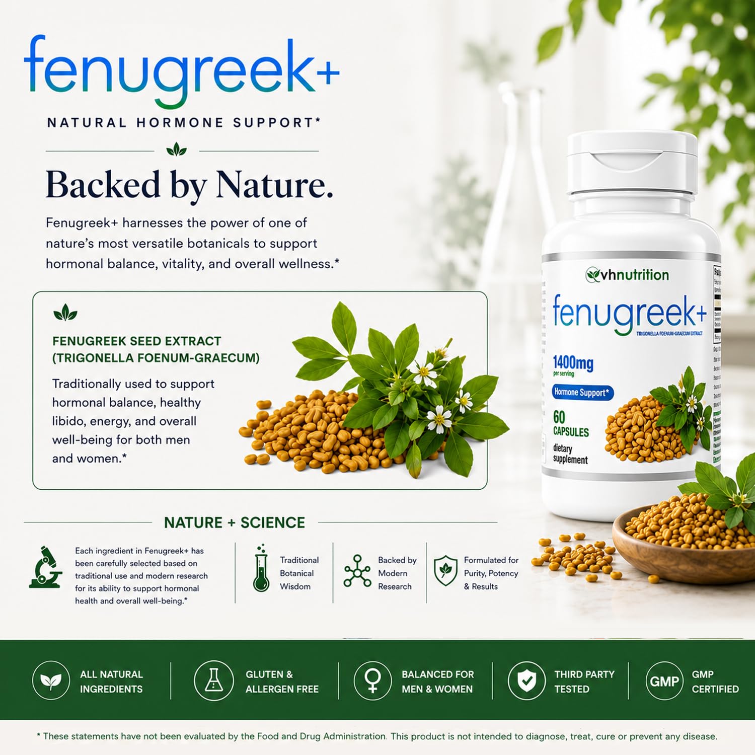 VH Nutrition Fenugreek+ 1400mg Capsules for Men & Women, 60 Count — Amazon image 4
