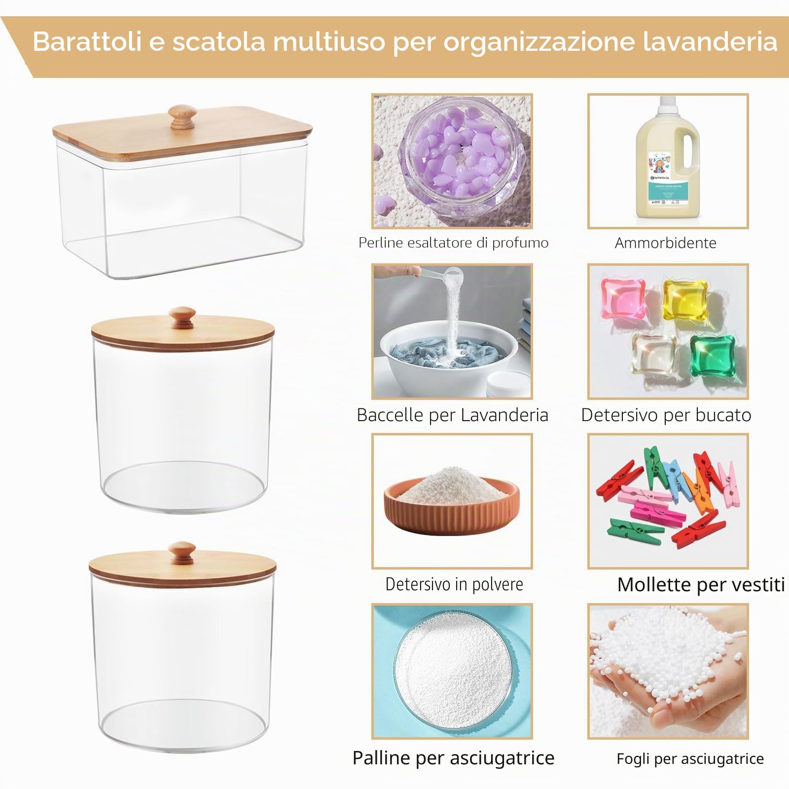 3 Pezzi Contenitore Detersivo Polvere, Dispenser Detersivo Lavatrice in Plastica, Dosatore Detersivo Lavatrice con Coperchio, con 16 Etichette ＆ 2 Misurini, per Bombe da Bagno, Cialde per Bucato