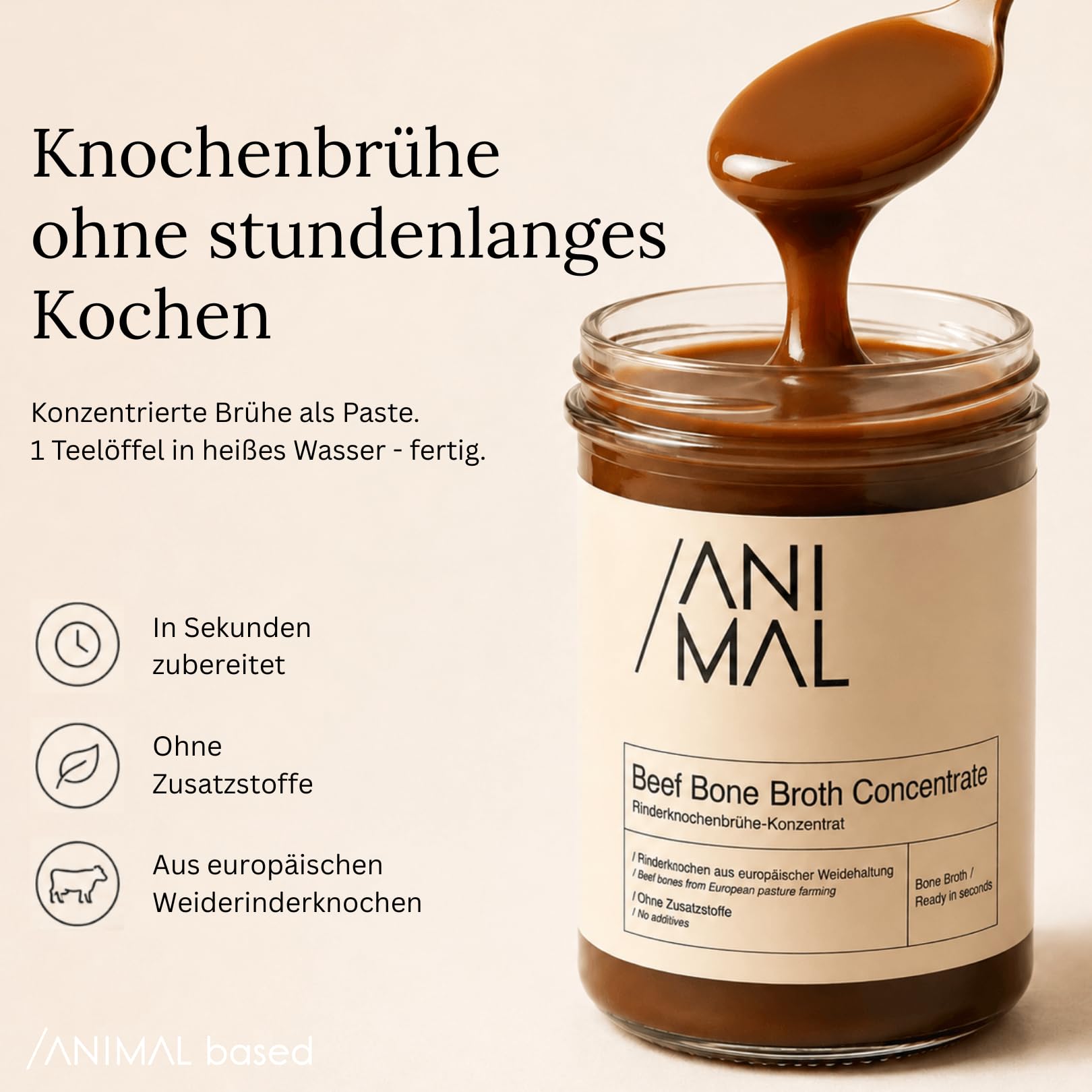 Animal Based Knochenbrühe Konzentrat vom Weiderind – Beef Bone Broth Paste im Glas, Rinderbrühe und Rinderfond für Trinkbrühe, Suppen und Saucen, mit Kollagen, ohne Zusatzstoffe, 220g, 22 Portionen