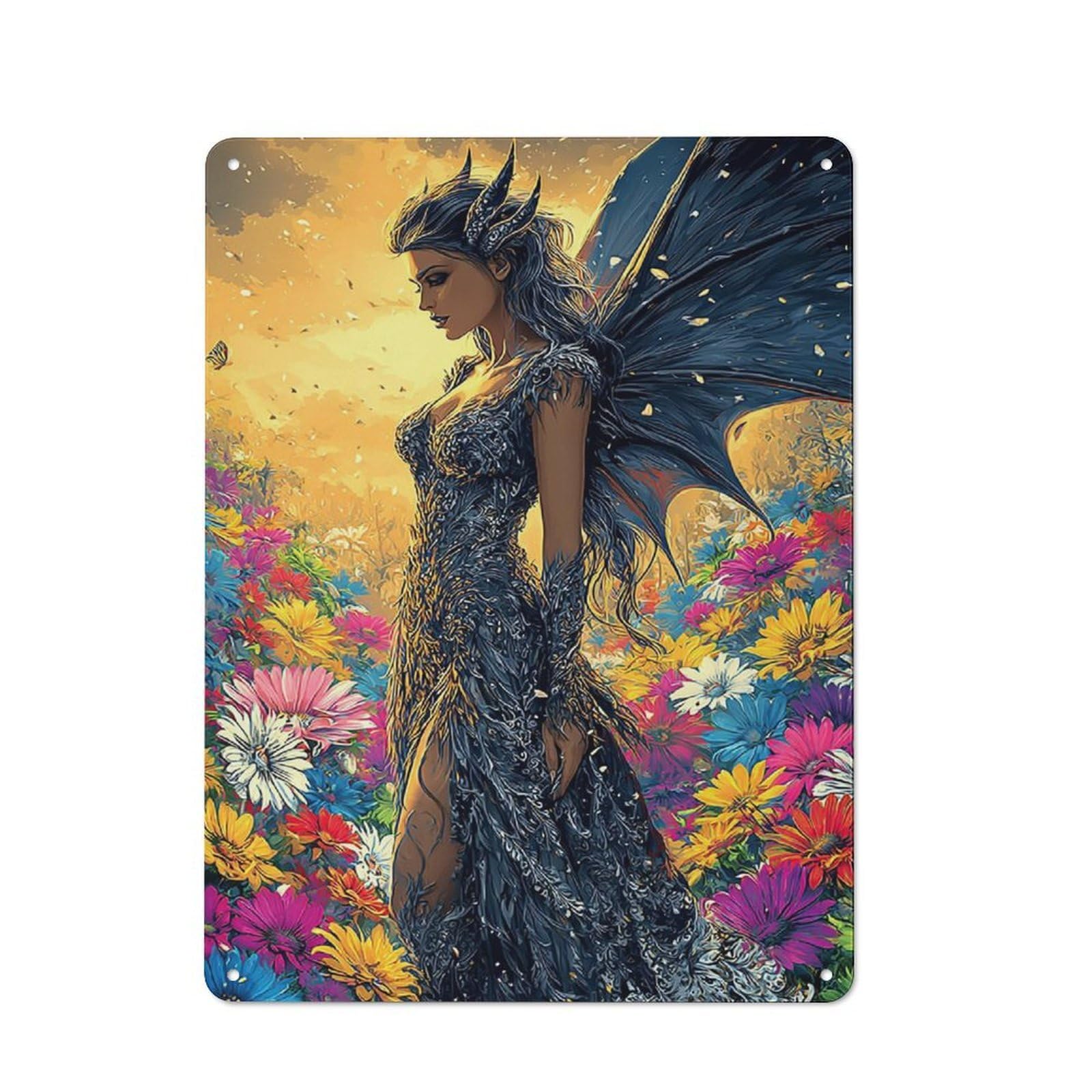 Junmoney Fantasy Fairy Amidst Flowers Retro Vintage Tin Sign 40X30cm, Cafe Wall Decor For Kitchen, Cafe, Pantry Or Dining Room