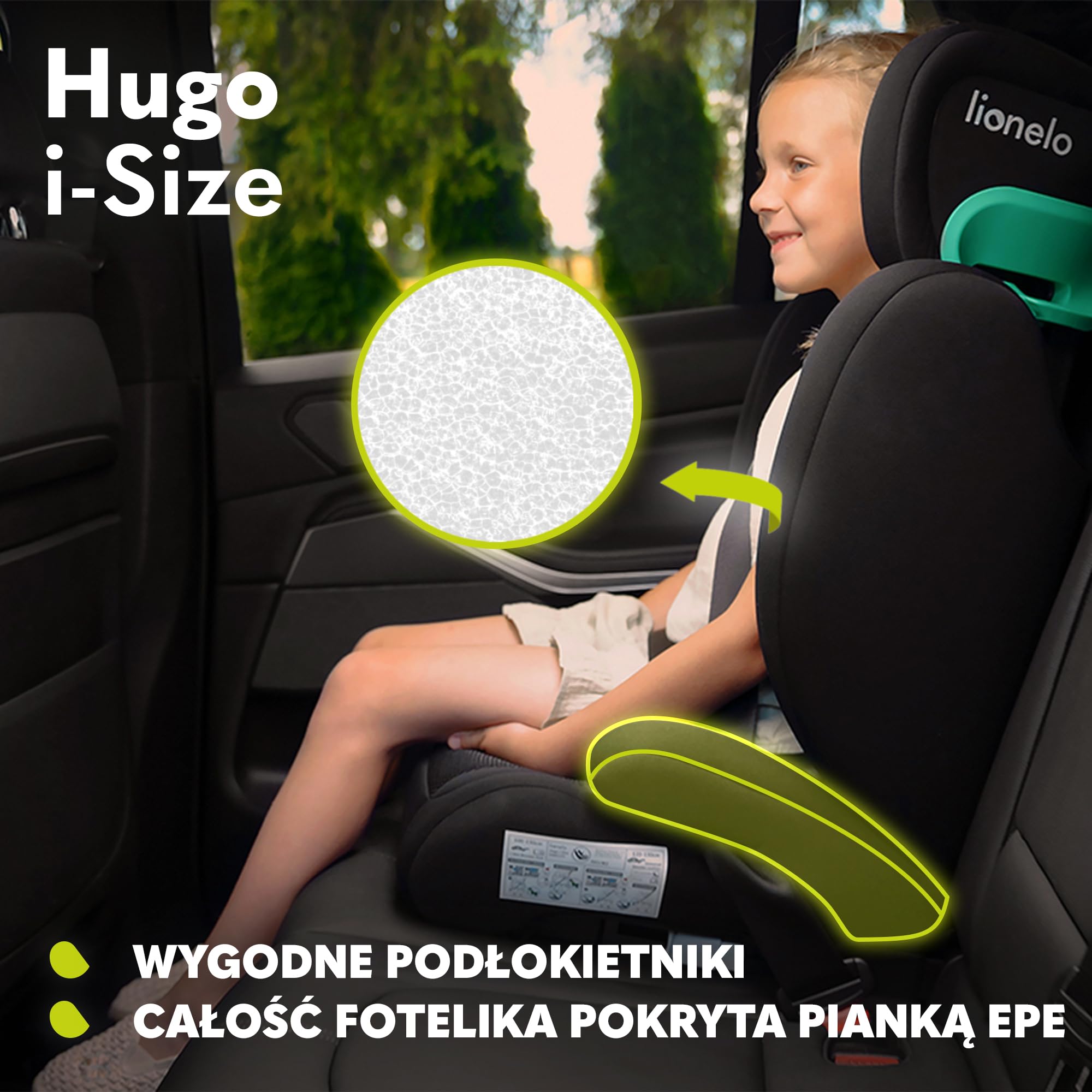 LIONELO HUGO I-SIZE Fotelik Samochodowy Dziecięcy, Grupa 2 3, od 100-150 cm Montaż ISOFIX Regulowany Zagłówek Memory Foam Ochrona Boczna Wygodne Podłokietniki Wypinane Oparcie