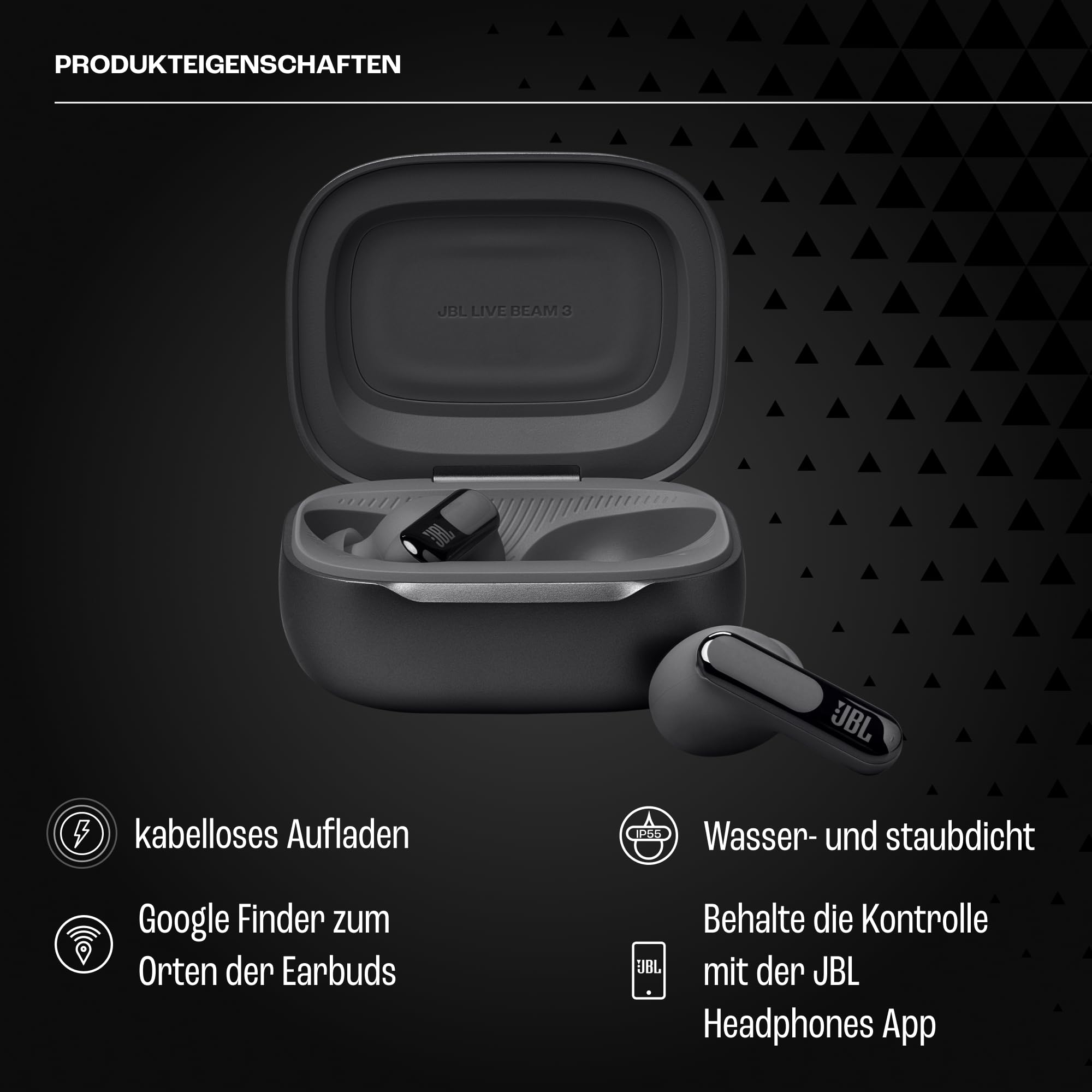 JBL Live Beam 3, Wireless Earbud-Kopfhörer mit Bluetooth, 48 Stunden Akkulaufzeit, True Adaptive Noise Cancelling und hochauflösendem JBL Signature Sound, IP55 wasserfest, mit Ohrstöpseln, Schwarz