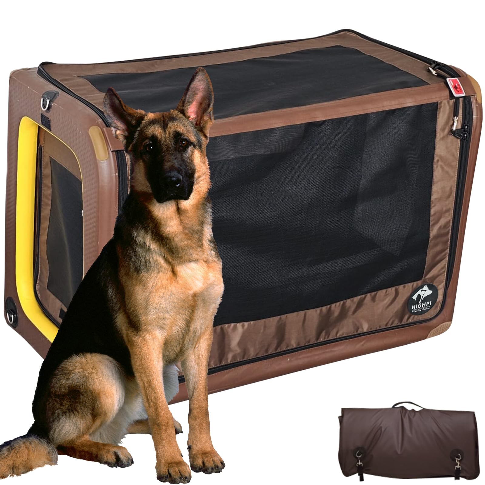Faltbare Hundebox für Auto, tragbarer Hunde-Autositz, Highpi aufblasbare weiche Hundebox für große Hunde, Sicherheits-faltbare Hundetragetasche mit Sicherheitsgurt für Rücksitz, wasserdichter