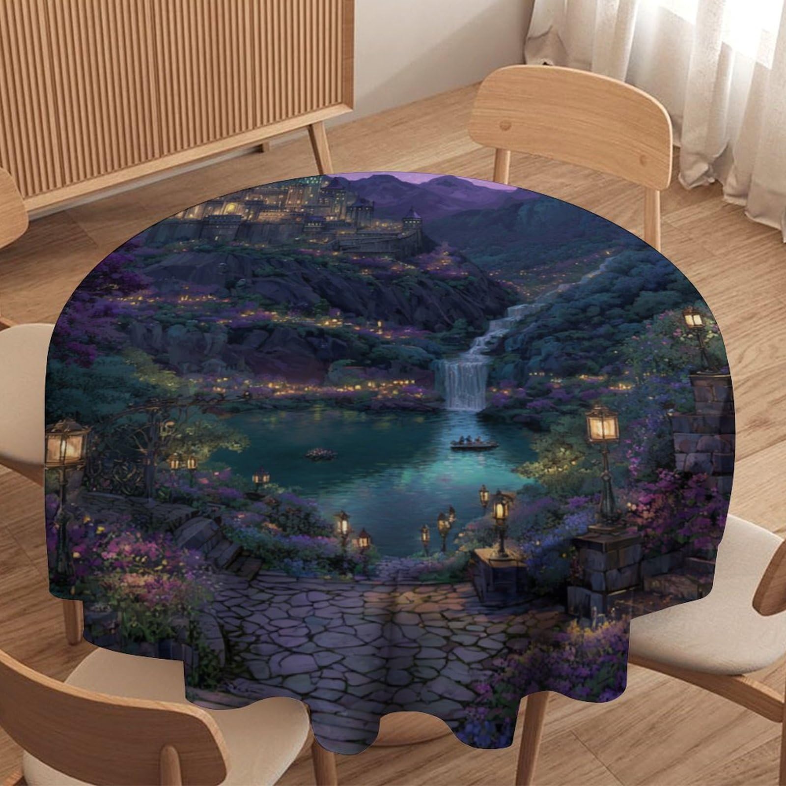 Luyysky Classic Abstract Fantasy Castle Round Tablecloth Rustic Oil Painting Moon Starry Sky Galaxy Lake Plant Floral Washable Decor For Table Cover For Kitchen-152.4" Wx152.4 L Cm
