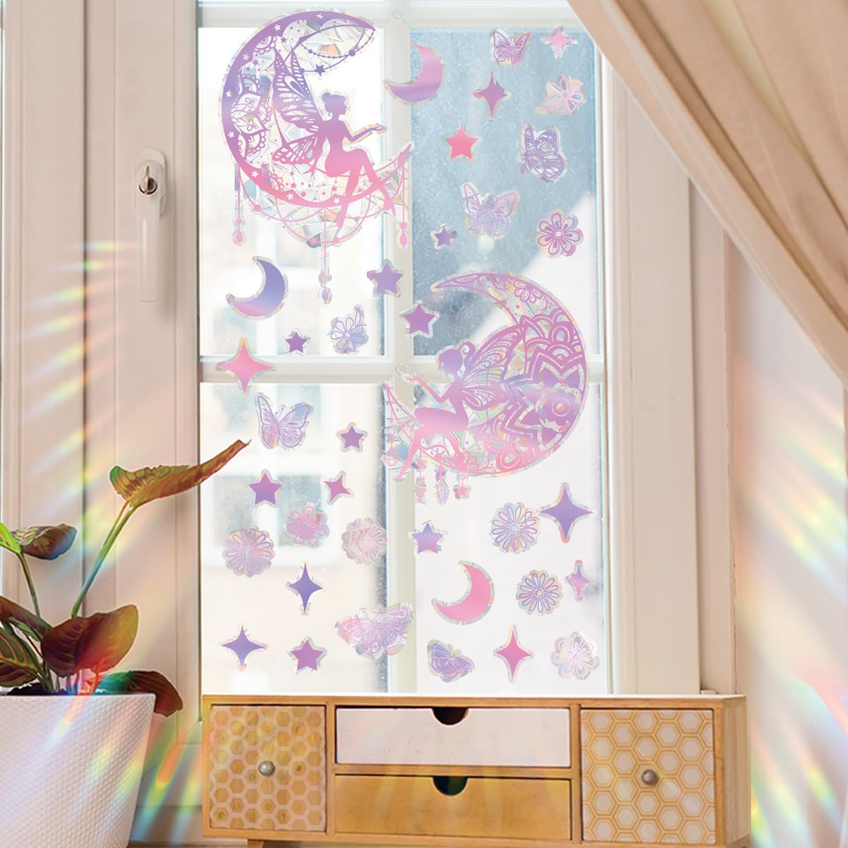 Pegatinas de Apegado Estático de Hada en Dibujos Animados Rosa Luna y Estrella Pegatinas Eléctricas para Ventanas Eliminables para Dormitorios y Salones de Niñas