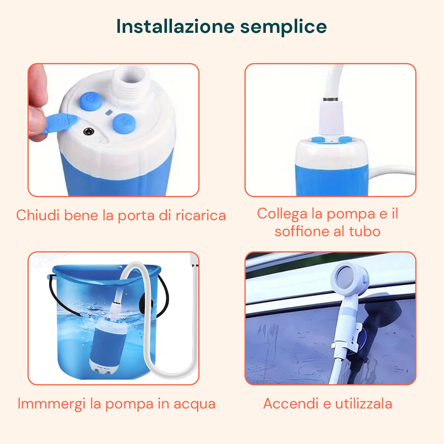 Avilia - Doccia da Giardino Portatile Elettrica Ricaricabile USB 5200 mAh con LED, Flusso 4‑5 L/Min, per Campeggio ed Escursioni, Facile da Usare, Compatta e Sicura