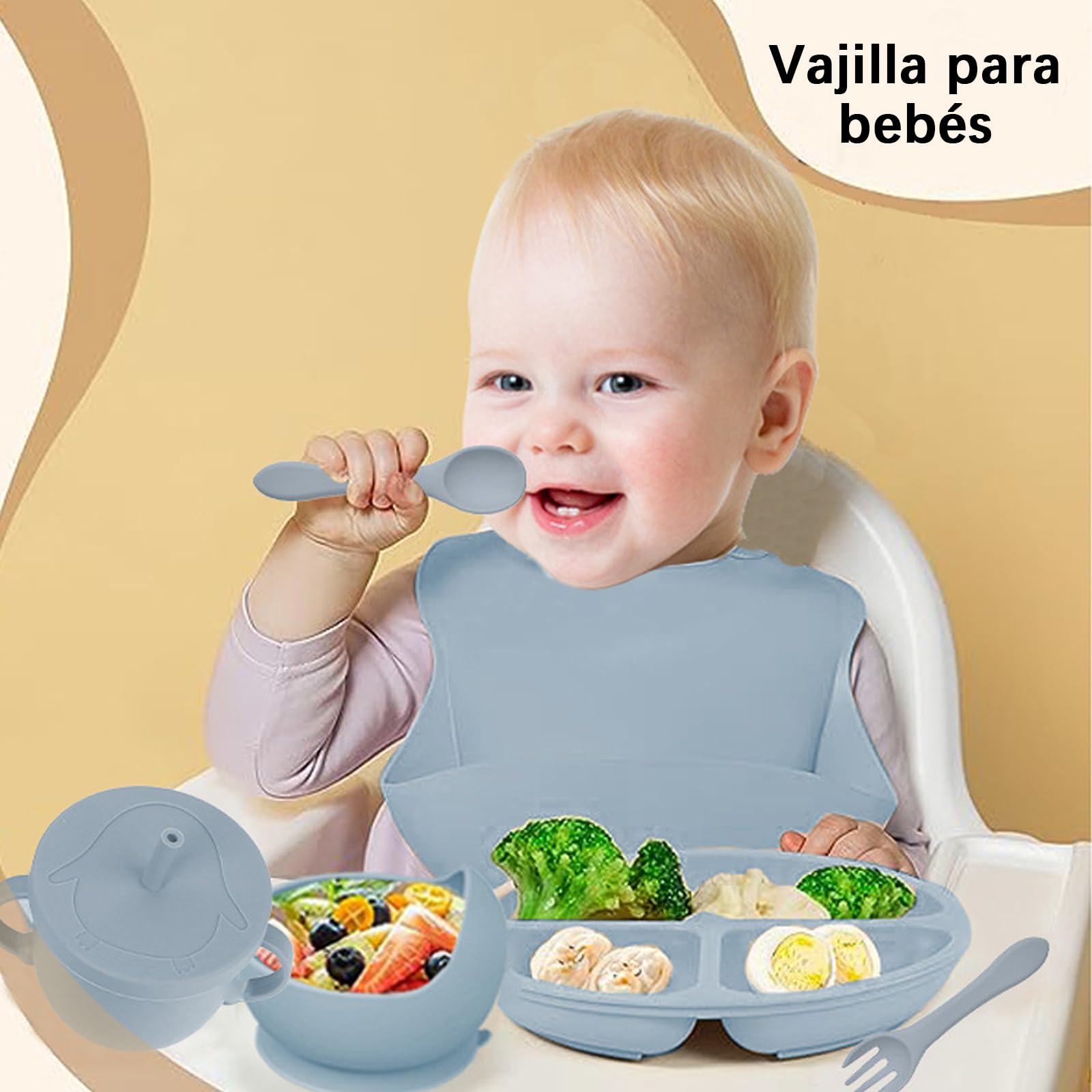 Vajilla Bebé de Silicona,8 piezas Vajilla Bebe(cuchara, tenedor, tazón, babero, vaso) | Cubiertos infantiles de alimentaria con diseño antideslizante Sin BPA, Apto para lavavajillas,azul.