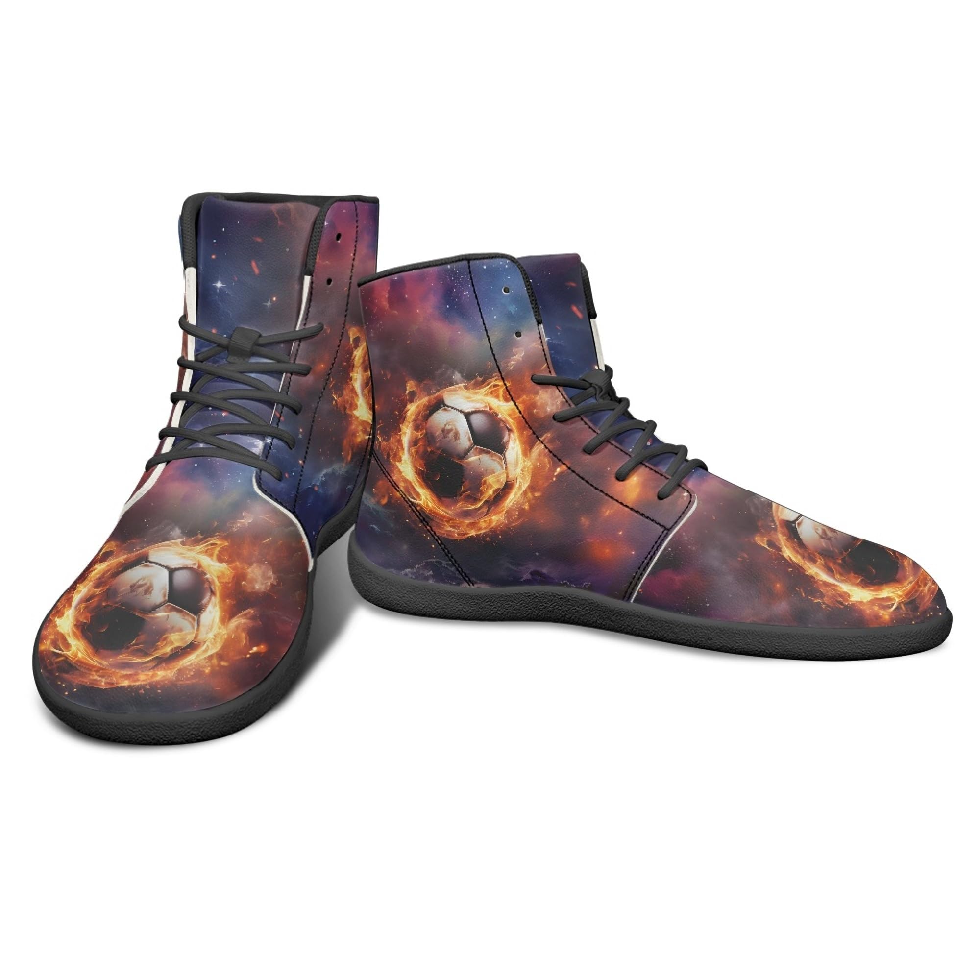 Arleeorkee Fire Soccer Galaxy Print PU Leather High Top Sneakers for Men Teens Comfortable Barefoot Shoes