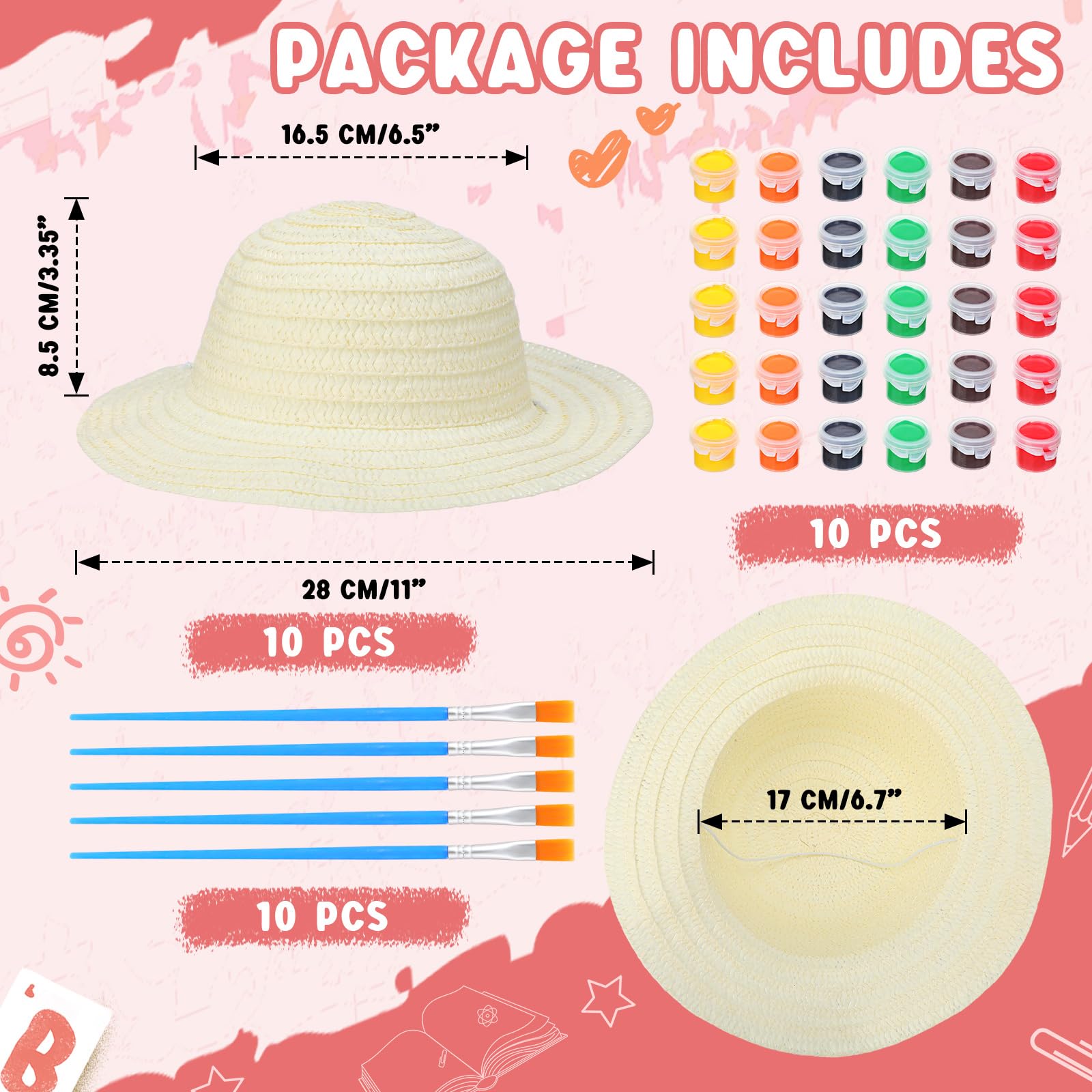 Geyoga 10 Sets DIY Straw Hats with Paints and Brushes, Handmade Straw Hat Cap Bulk Beach Sun Hat Art Painting Cap Halloween Christmas Arts Crafts Gifts DIY Tea Party Favors for Women Men