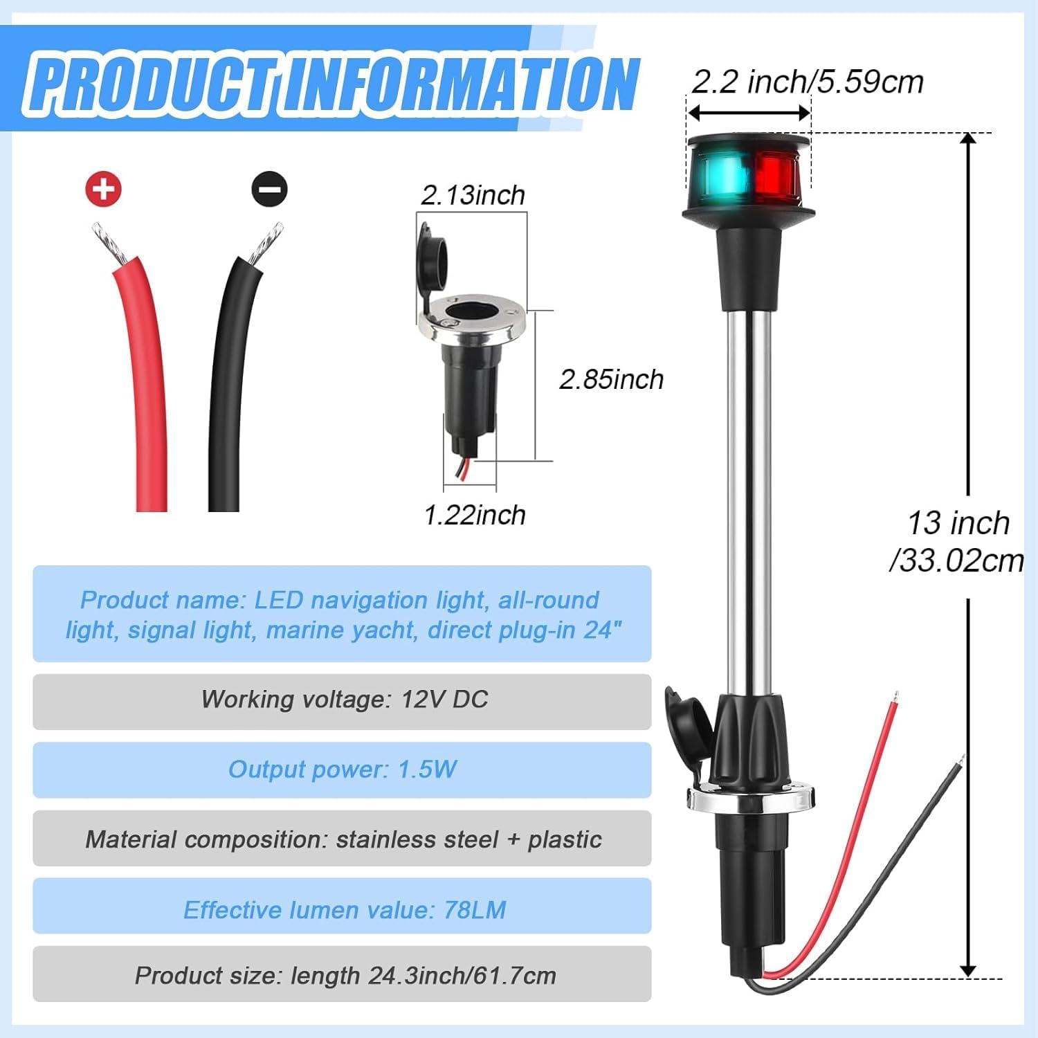 LED Bow Navigation Light for Boats – Red & Green Bi-Color 12" Pole with Removable Plug-in Base, Marine Boat Navigation Lights, Pontoon & Fishing