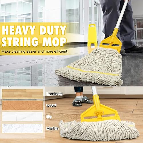 Miniatura 4 de Trapeador de cuerda de algodón eficiente para piso de madera, herramienta de piso absorbente resistente con mango ergonómico, fácil almacenamiento,