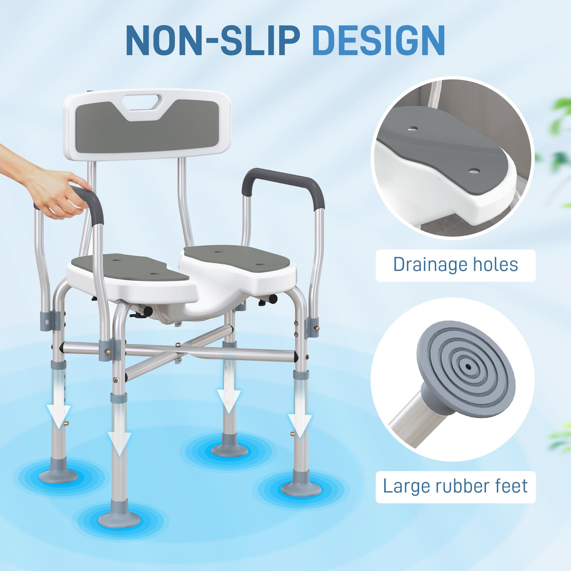 HOMCOM Silla de ducha con abertura higiénica acolchada para ancianos Gris | Barras reforzadas, silla baño regulable, patas antideslizantes, para mayores, discapacitados, montaje sin herramientas