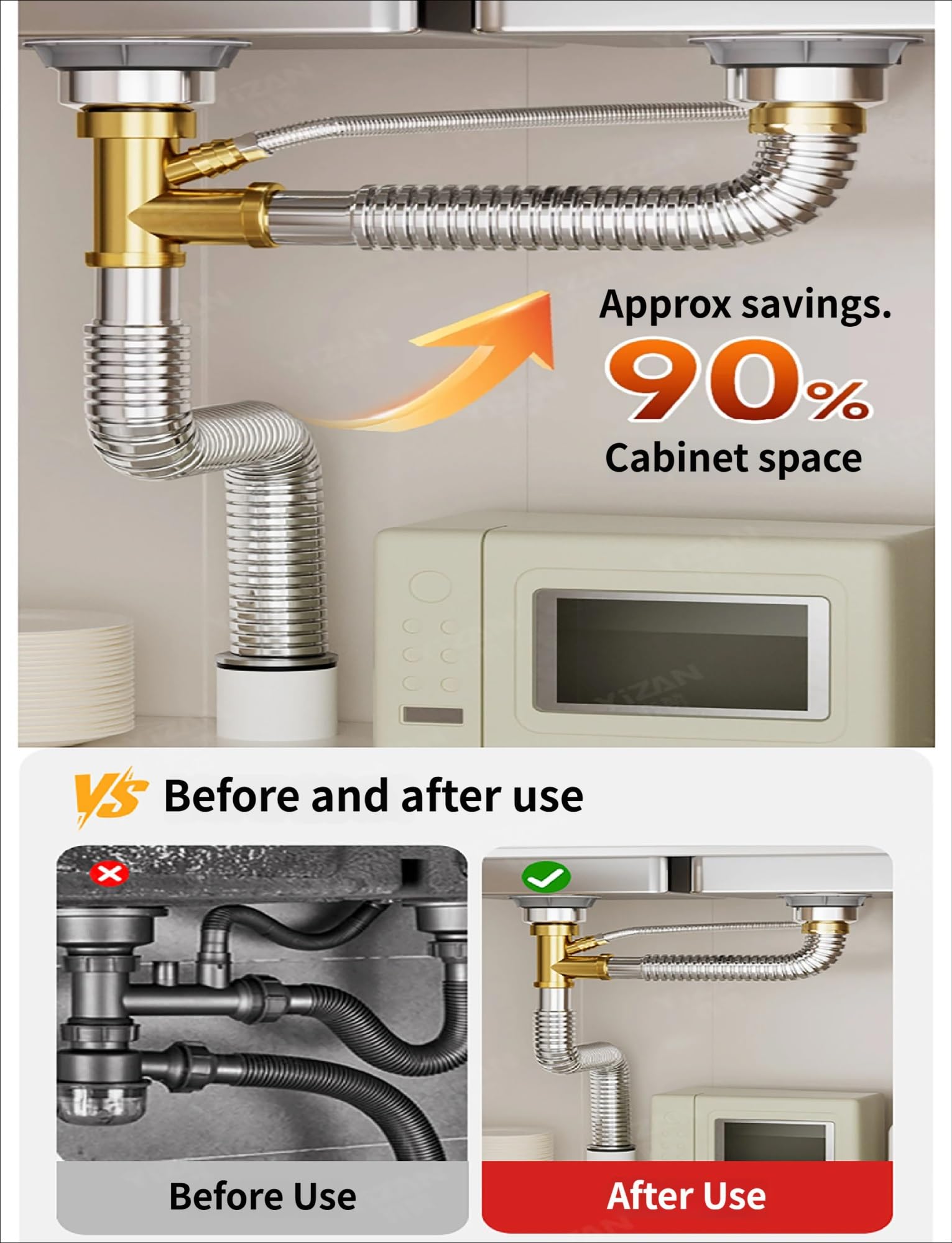 Kit de drenaje for fregadero de cocina de acero inoxidable con desbordamiento, trampa P Flexible y bajante, conjunto Universal de residuos de alcantarillado for lavabo(60cm/23.6In)