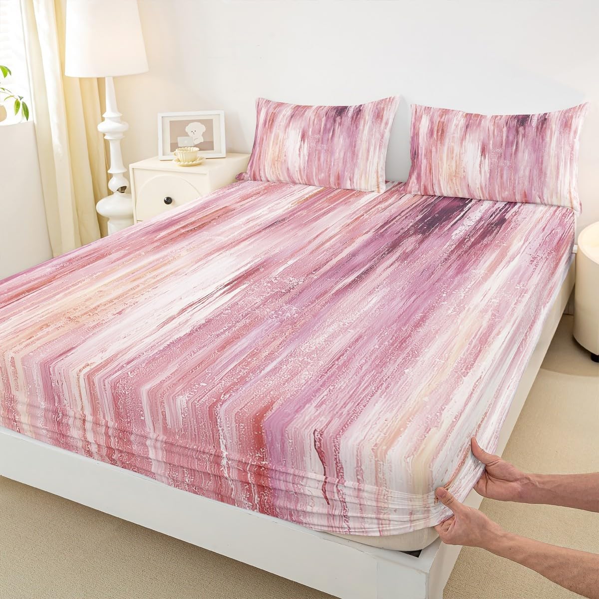 Erosebridal Abstract Brush Stroke Bed Sheets Full Size Pink Artistic Striped Fitted Sheet Modern Minimalist Oil Painting Style Bedding Sets Geometric Aesthetic Sheets