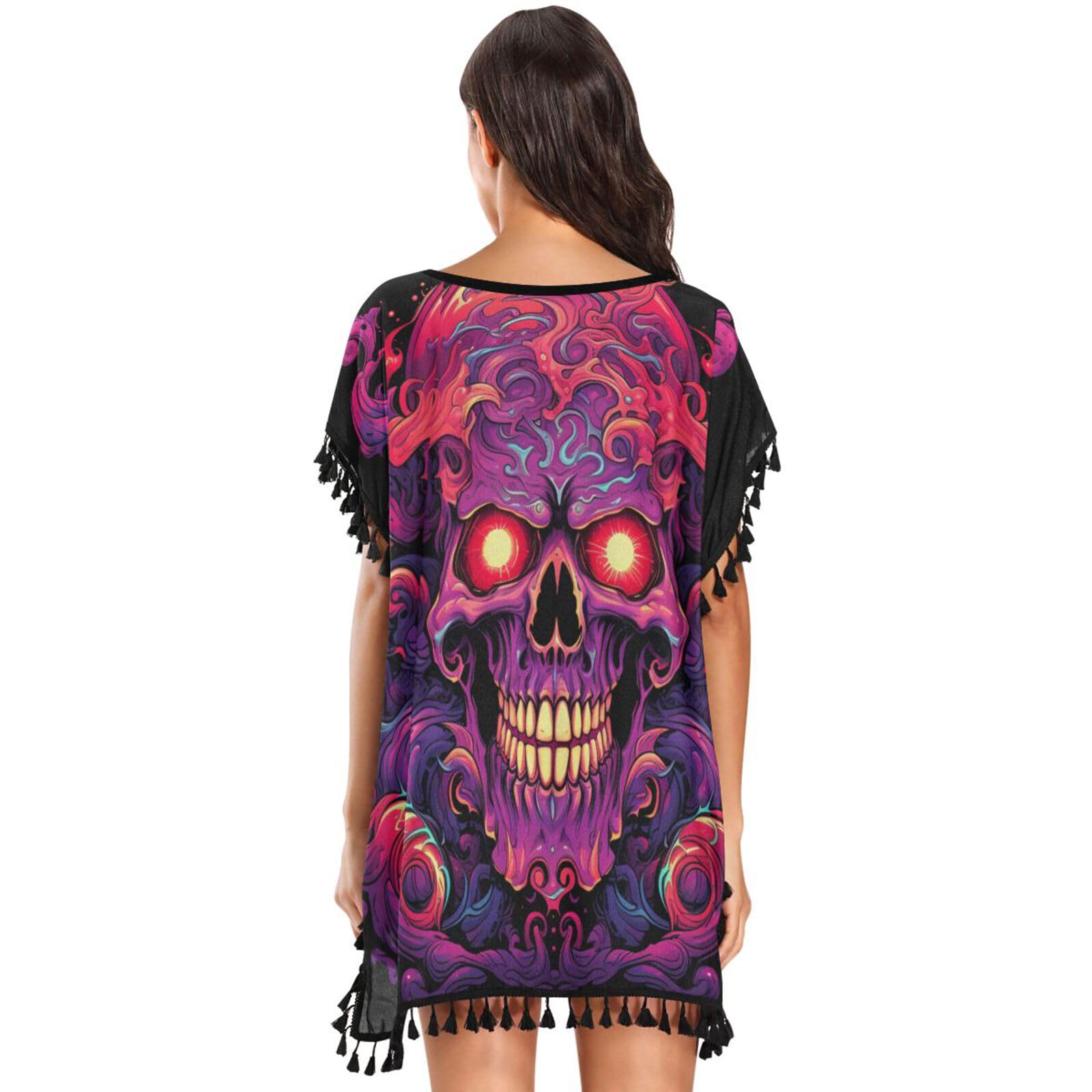 Flame Skull Abstract Art Women's Beach Cover Up Chiffon Tassel Swimwear Swimsuit Coverups for Girl