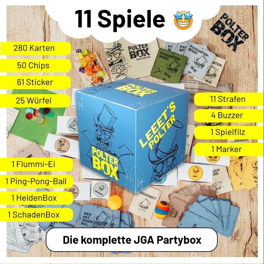 JGA PolterBox Deluxe – Komplettset mit 11 Partyspielen für Junggesellenabschied, 4–20 Spieler – All-in-One JGA Partybox für Polterabend, Aufgaben & Gruppen-Challenges (Men’s Edition)