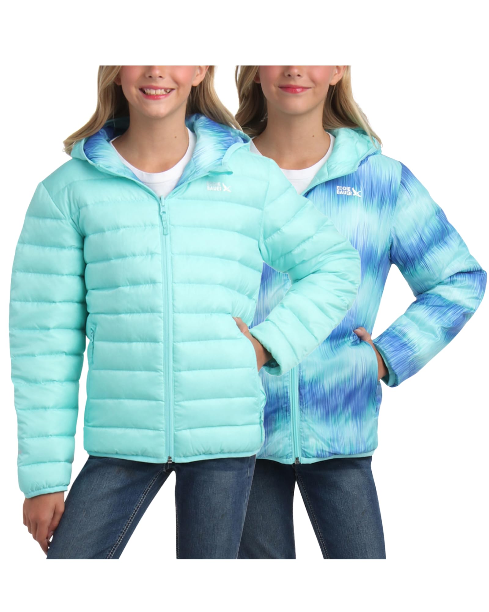 Eddie Bauer Girls' Jacket - CirrusLite Weather Resistant Down Coat for Girls - Insulated Quilted Bubble Puffer (3-20), Size 18-20, Aruba Blue - Reversible