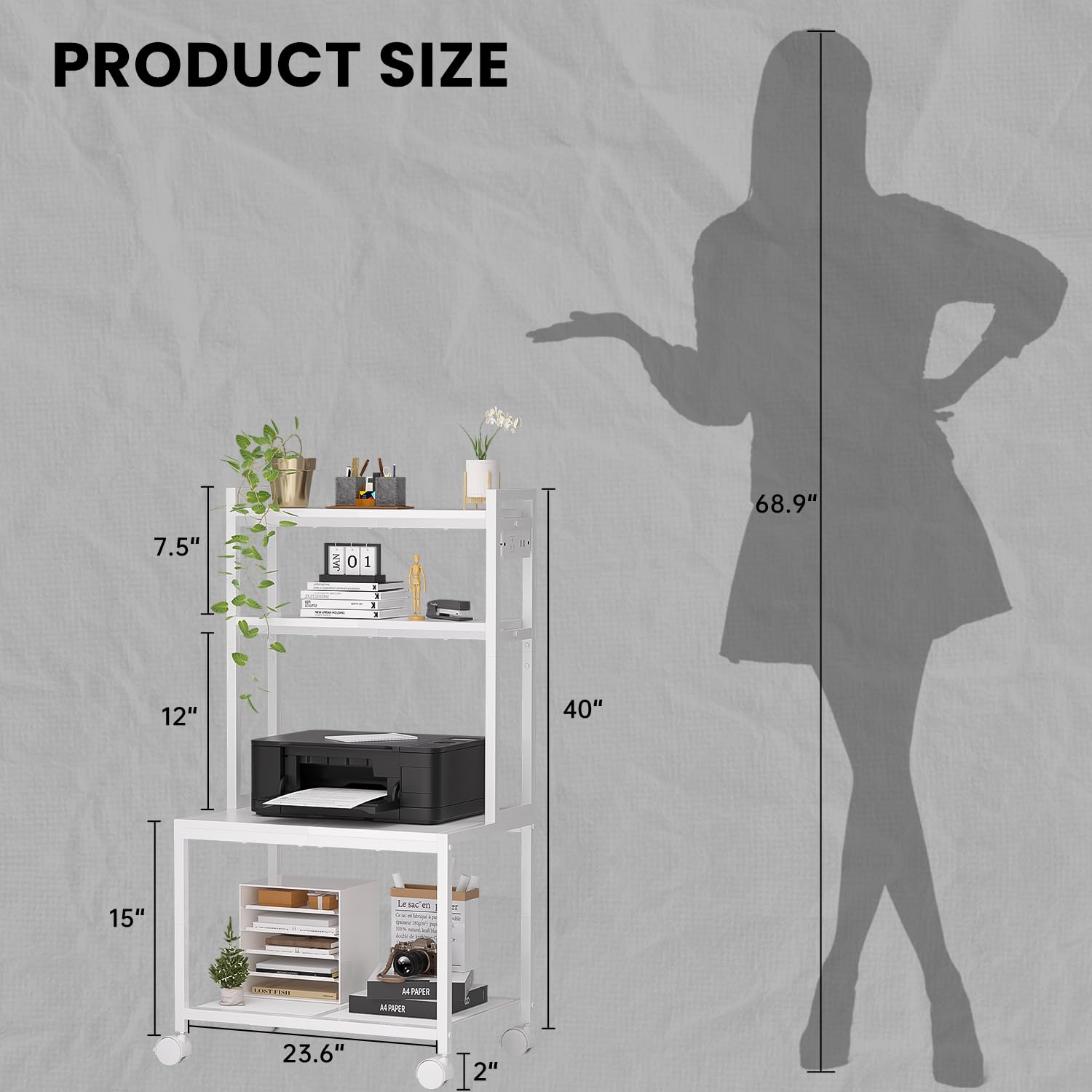 20-Inch Deep Printer Stand With Wheels – 2-Tier Adjustable Shelf, 100 Lb Capacity, White Rolling Cart For Office