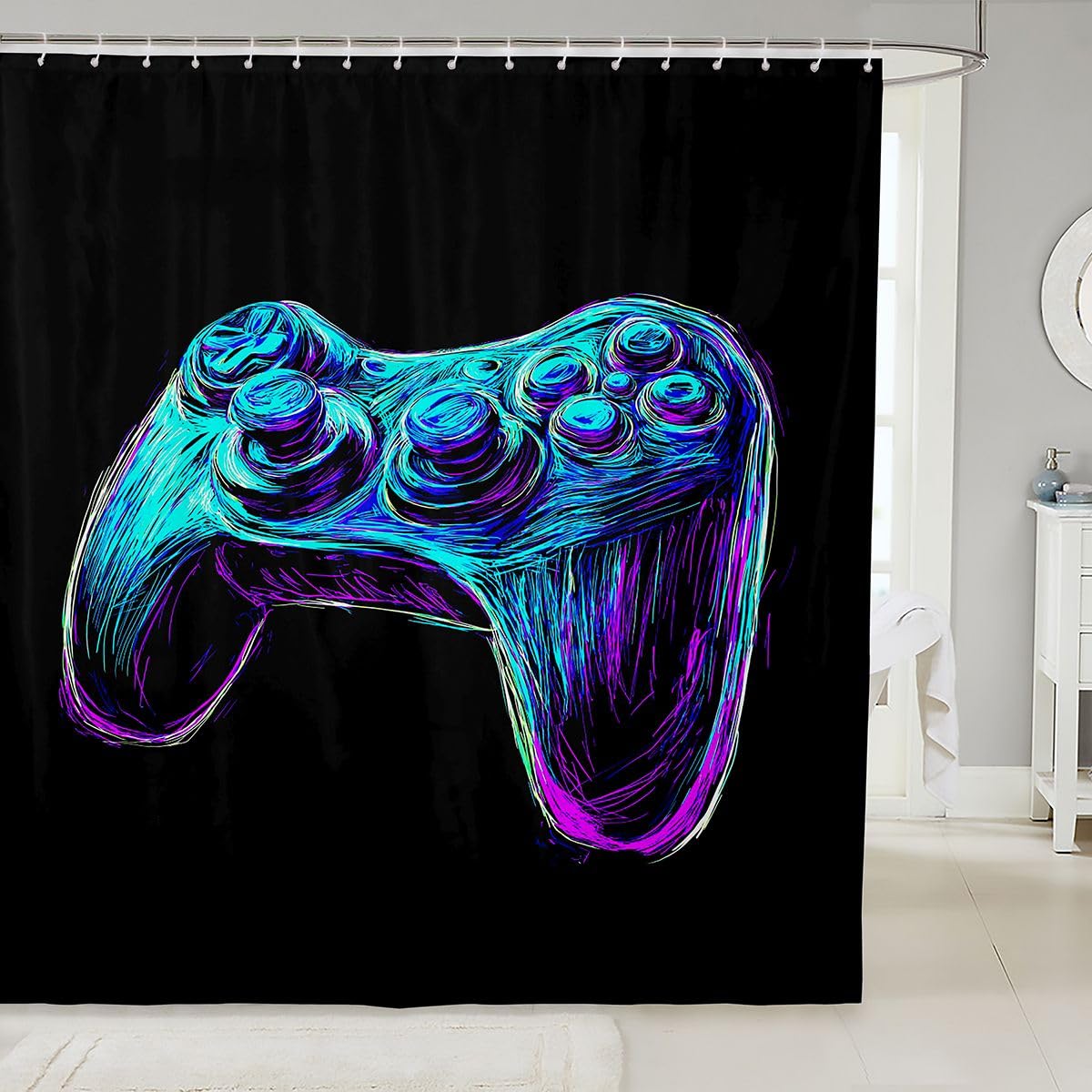 Erosebridal Gamer Shower Curtain Boys Games Bathroom Shower Curtain Video Game Gamepad Bath Curtain Novelty Gaming Bathroom Sets Accessories with Hooks Waterproof Cloth Fabric 72" W x 72" L